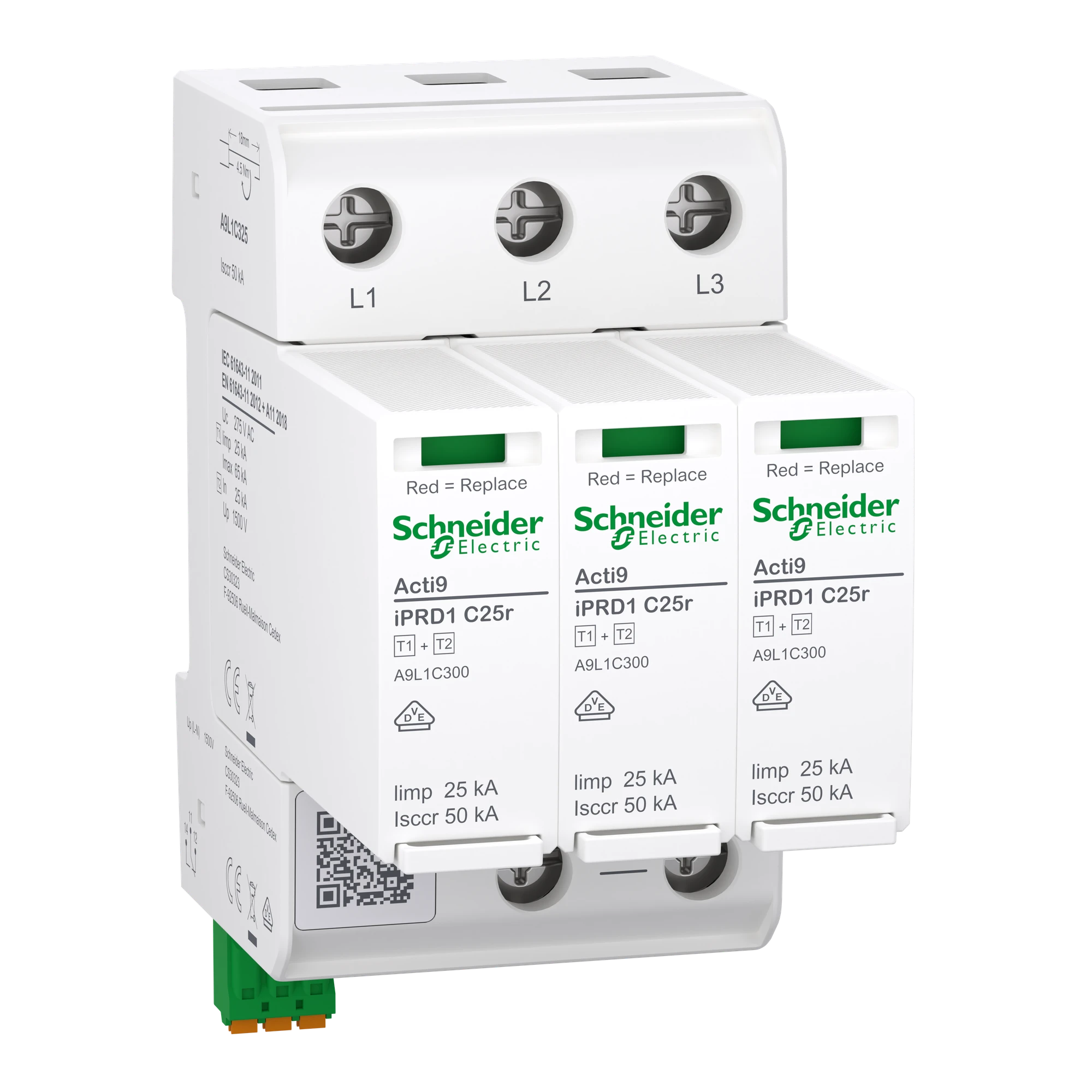 Schneider Electric A9L1C325 Combination Lightning Current Arrester, Acti9 iPRD1 C25r, Type 1+2, Plug-in Protection Modules, 3P, Iimp 25kA, Compact 3TE, Fault Contact (img_001)