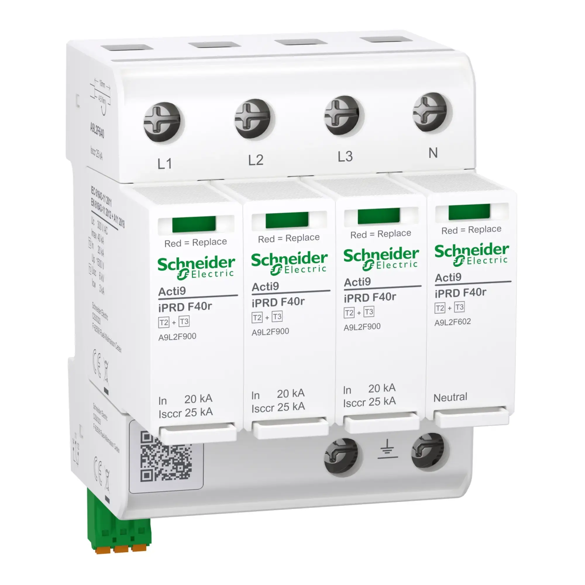 Schneider Electric A9L2F640 Surge Protector, Acti9 iPRD F40r, Type 2+3, Pluggable Protection Modules, 3P+N, 40kA, Integrated Fuse, FM Contact (img_002) Schneider Electric A9L2F640 Surge Protector, Acti9 iPRD F40r, Type 2+3, Pluggable Protection Modules, 3P+N, 40kA, Integrated Fuse, FM Contact (img_002)