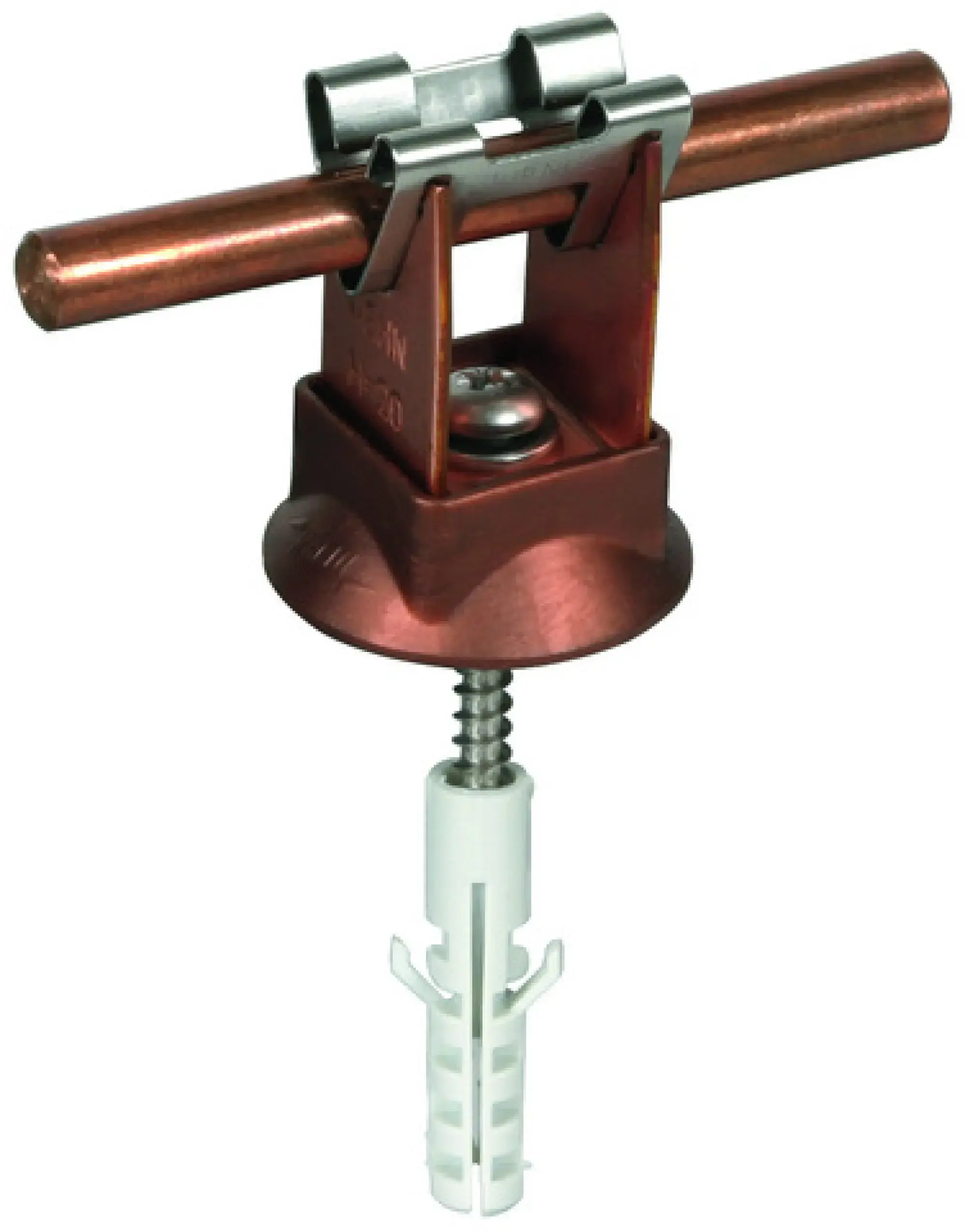 Dehn 207107 Conductor holder DEHNgrip Cu f. Rd 8mm H 20mm w. dowel 8x40mm a. wood screw (img_001) Dehn 207107 Conductor holder DEHNgrip Cu f. Rd 8mm H 20mm w. dowel 8x40mm a. wood screw (img_001)