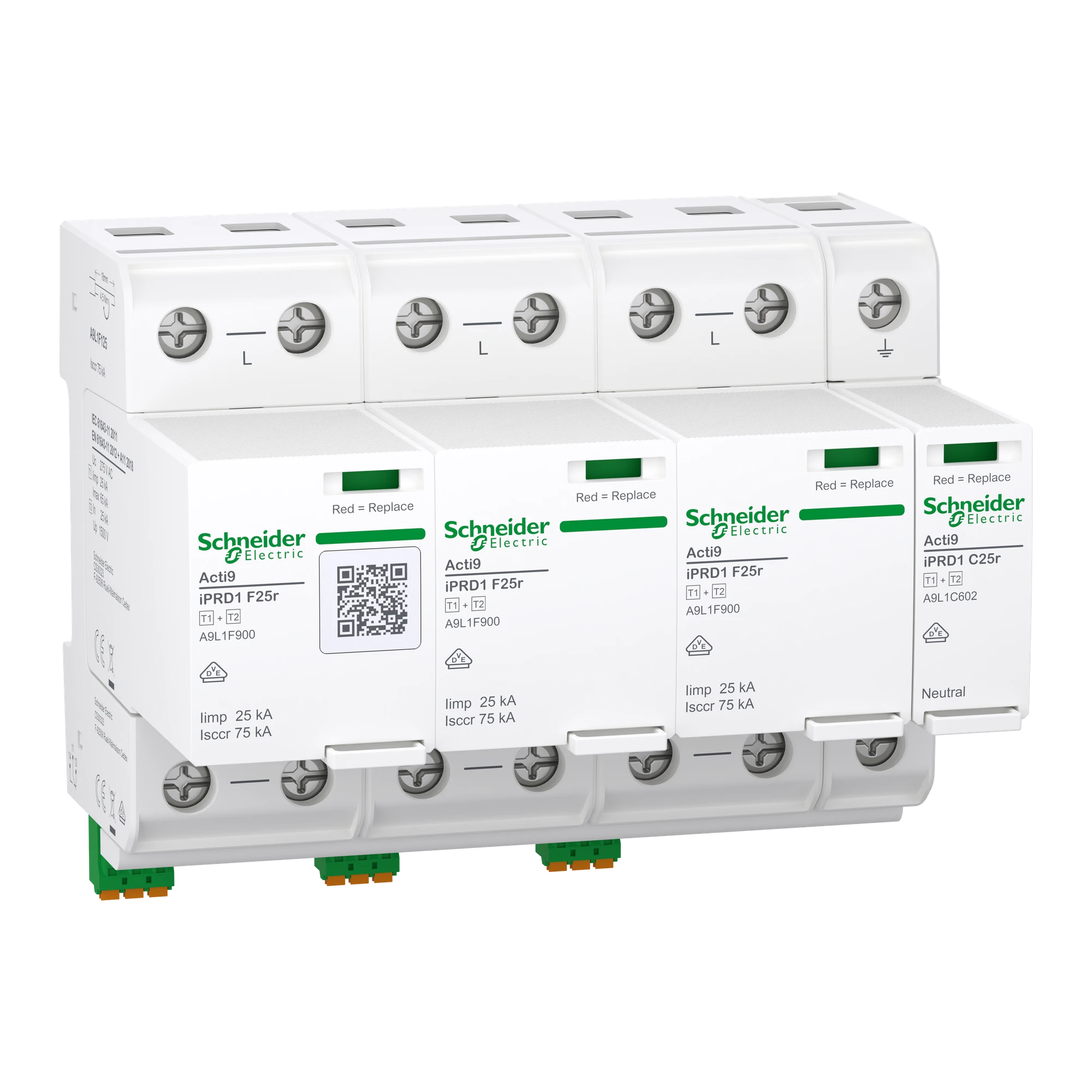 Schneider Electric A9L1F625 Combined arrester, Acti9 iPRD1 F25r, Type 1+2, pluggable protective modules, 3P+N, Iimp 25kA, integrated fuse, FM contact (img_001)