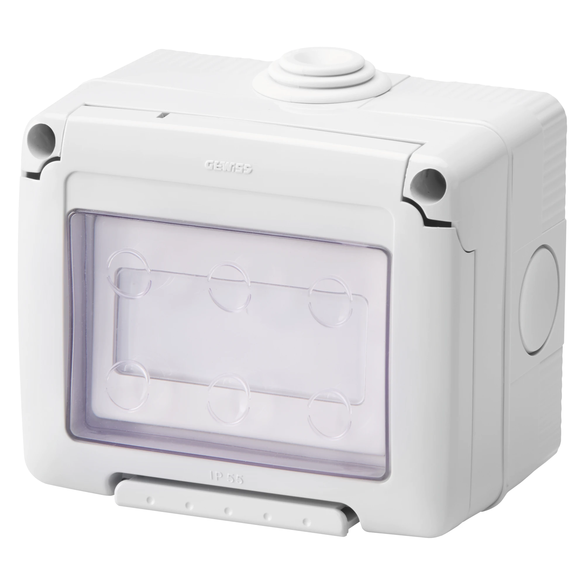 GEWISS GW27836 WATERTIGHT ENCLOSURE COMPLETE WITH SYSTEM DEVICES - WITH PUSH-BUTTON 1P NO 10A - ILLUMINABLE NAME PLATE - IP55 - GREY RAL 7035 (img_001)