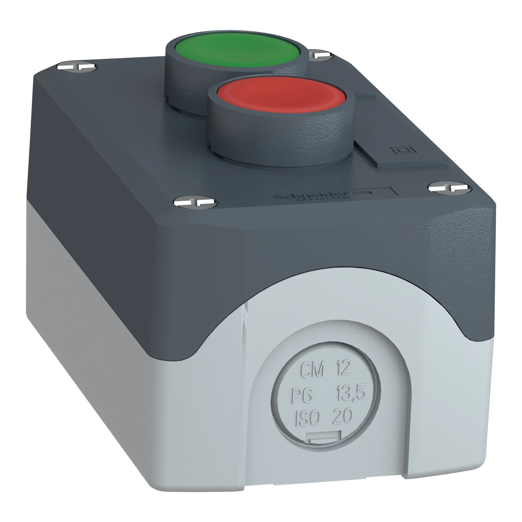 Schneider Electric XALD214 Surface mounting enclosure, Harmony XALD, plastic, dark grey, 2 push buttons, green, red, protruding, I-O, 22mm, 1NO+1NC (img_006)
