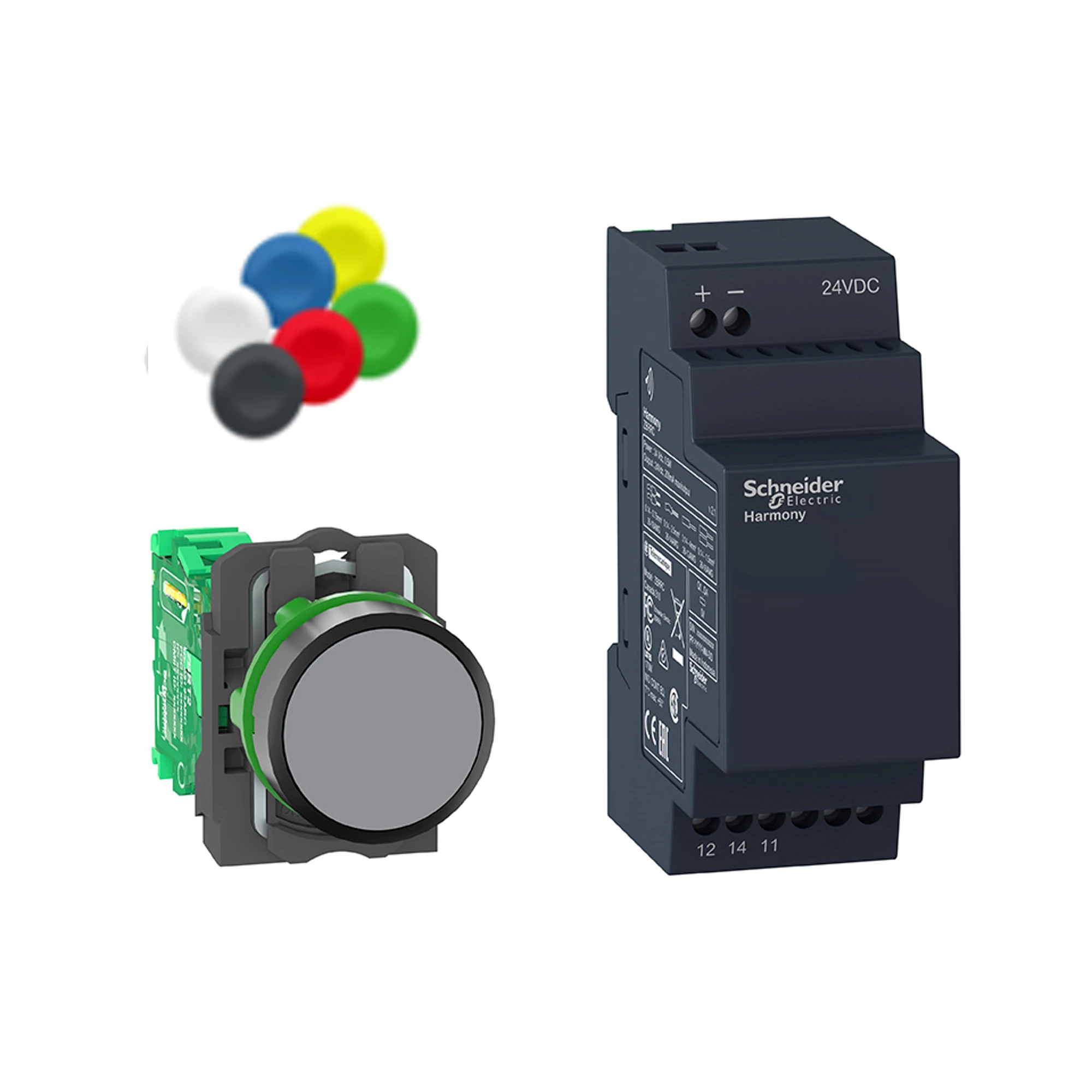 Schneider Electric XB5RFB01 Combo pack, wireless pushbutton, receiver, non-programmable, plastic, Ø22mm, 24V DC, 10 color cap set (img_001)