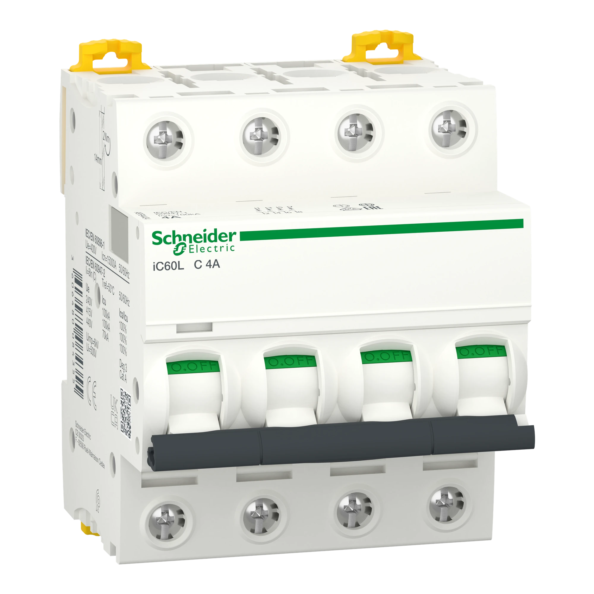 Schneider Electric A9F94404 Miniature Circuit Breaker iC60L, 4P, 4A, C Curve, 100kA (img_001)