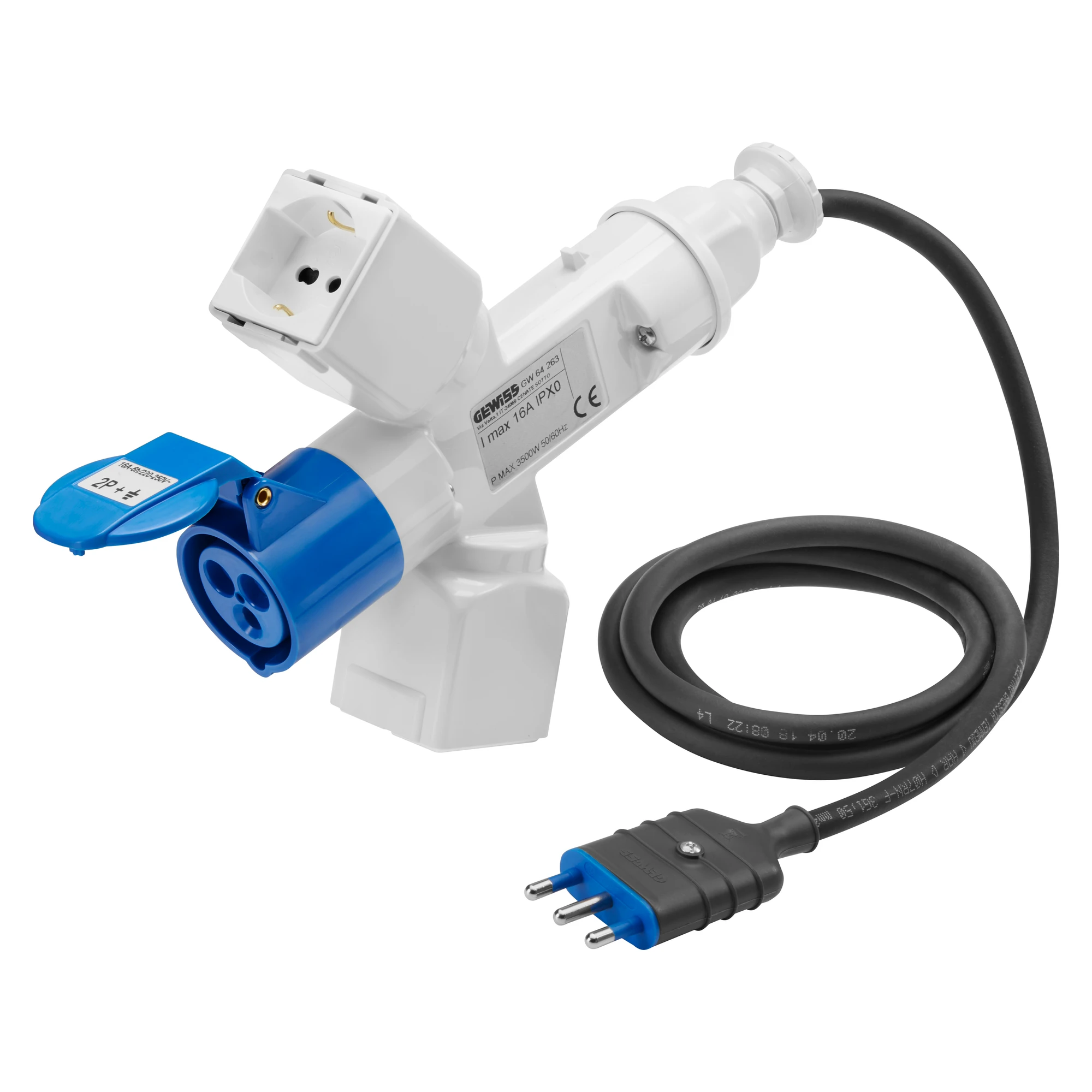 GEWISS GW64263 BRANCHED ADAPTOR IP44 - 2 BRANCHED OUTLETS - WIRED WITH CABLE AND PLUG - PLUG 2P+E 16A S17 - 2 (P17/11) + 1 (P30-P17) + 1 OUTLET 2P+E 16A 230V ac (img_001)