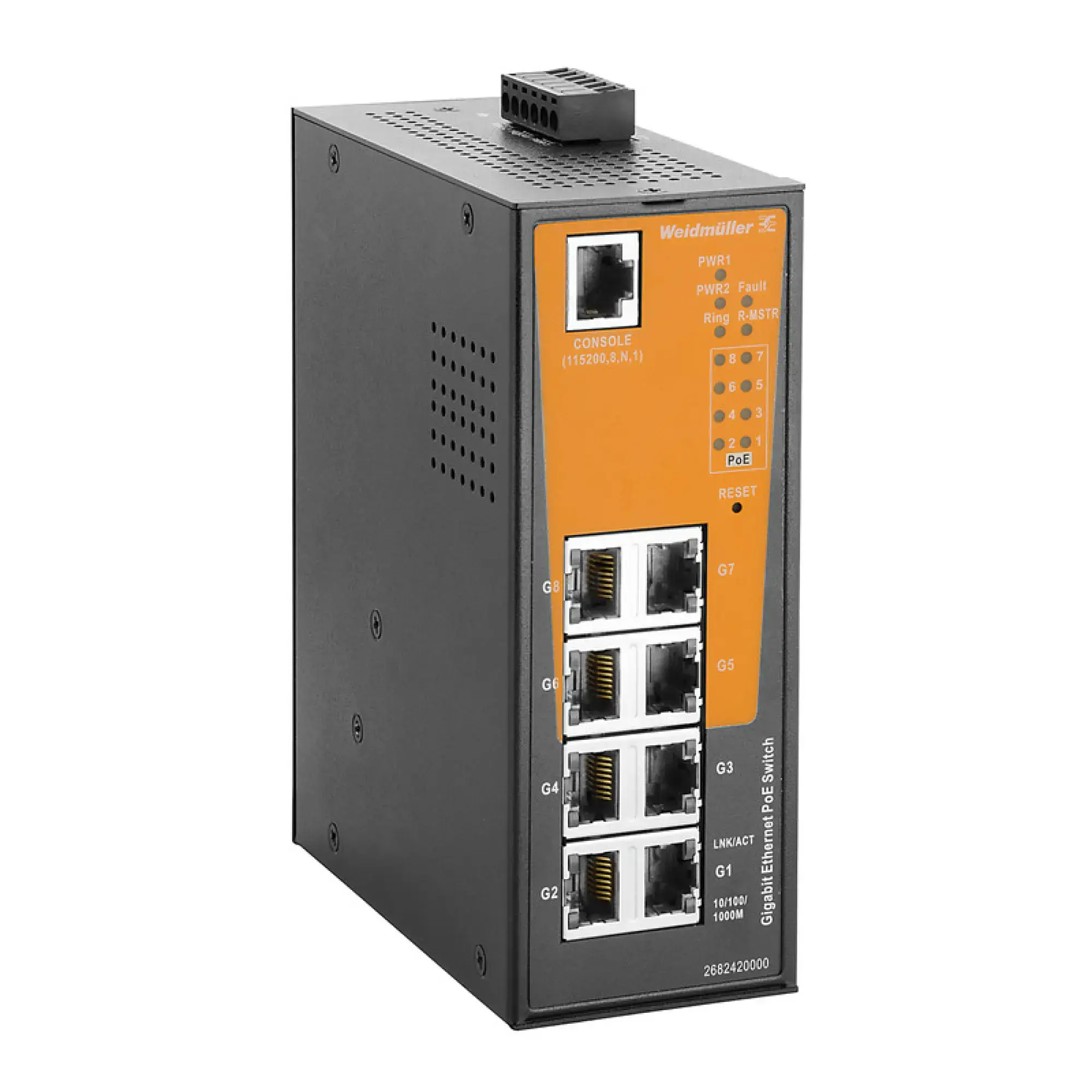 Weidmüller 2682420000 Network switch (managed), managed PoE, Gigabit Ethernet, Number of ports: 8x RJ45 10/100/1000 BaseT(X) PoE+, -40 °C...75 °C, IP30 (img_001) Weidmüller 2682420000 Network switch (managed), managed PoE, Gigabit Ethernet, Number of ports: 8x RJ45 10/100/1000 BaseT(X) PoE+, -40 °C...75 °C, IP30 (img_001)