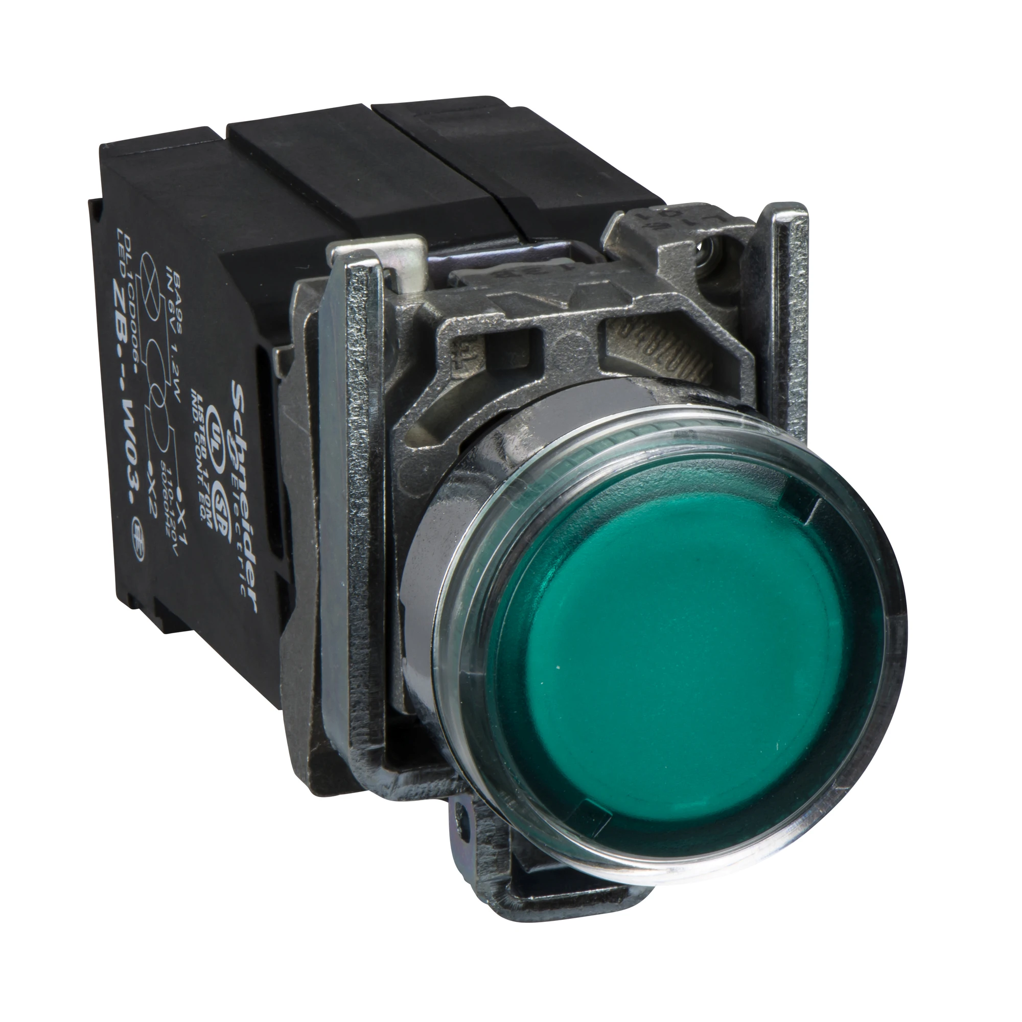 Schneider Electric XB4BW3335 Illuminated push-button, Harmony XB4, metal, 22mm, green, unmarked, incandescent bulb BA9s, smooth dome, 1NO+1NC, 120V AC (img_001)