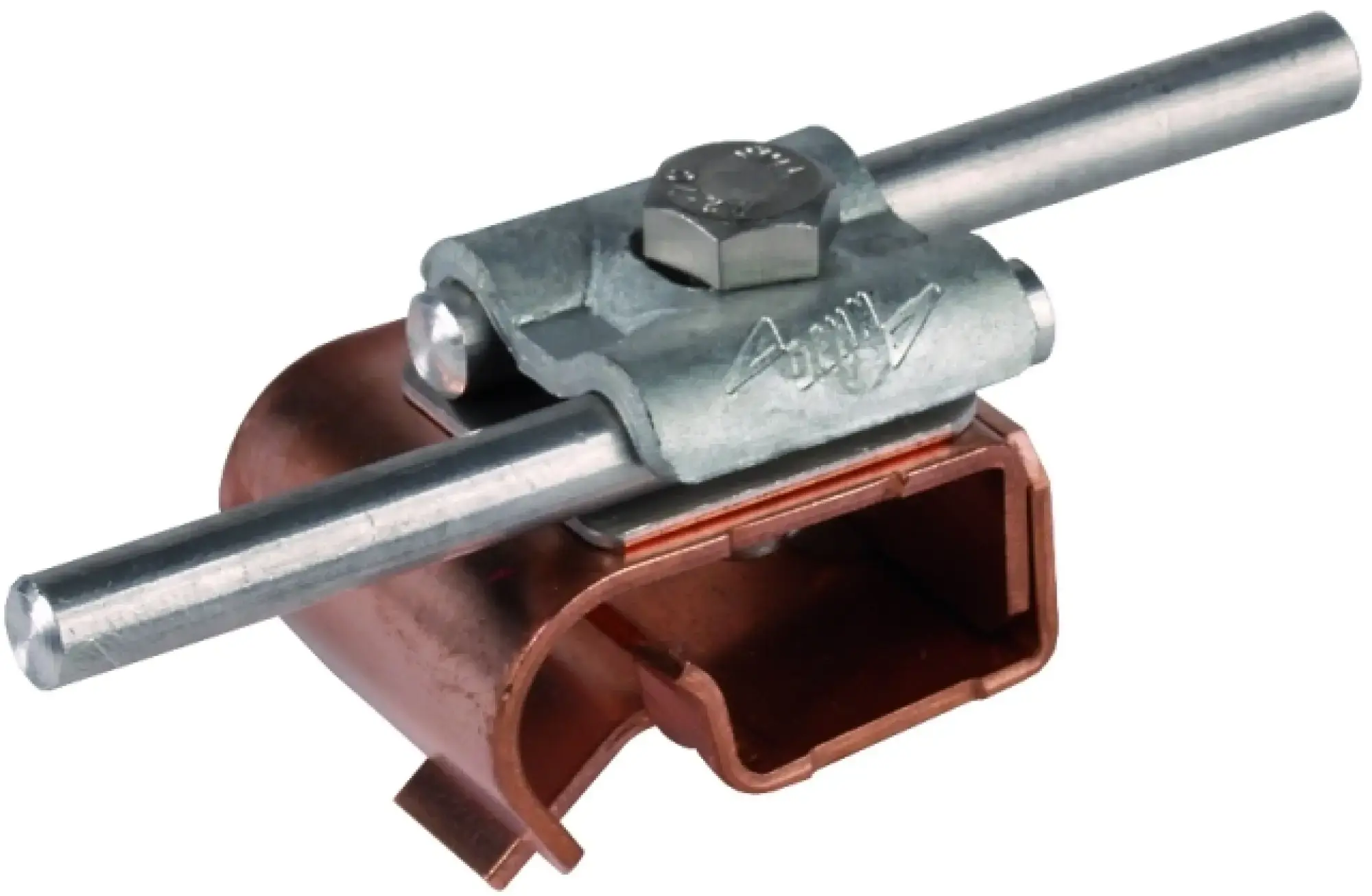 Dehn 339157 Bimetallic gutter clamp, Cu-St/tZn with double cleat for Rd 8-10mm (img_001) Dehn 339157 Bimetallic gutter clamp, Cu-St/tZn with double cleat for Rd 8-10mm (img_001)