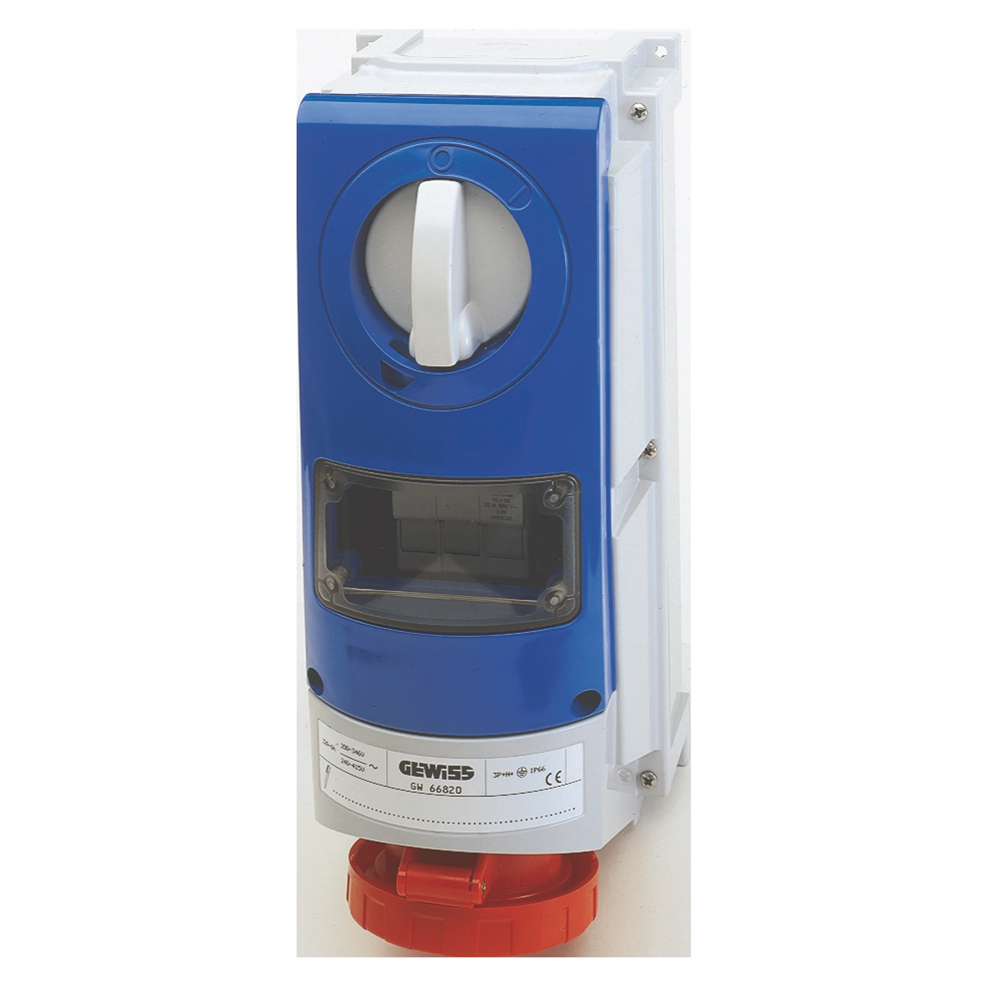 GEWISS GW66968 VERTICAL FIXED INTERLOCKED SOCKET OUTLET - WITH BOTTOM - WITH FUSE-HOLDER BASE - 2P+E 32A 380-415V-50/60HZ 9H - IP66 (img_001)
