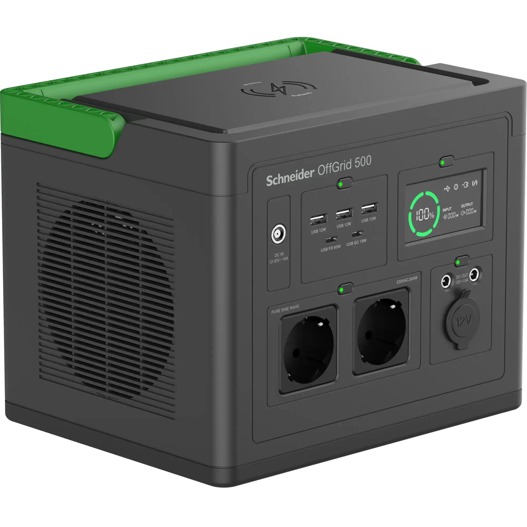 APC PPS500-GR Schneider tragbare OffGrid Powerstation 500, 230V, 517Wh Lithium-Ionen, LCD, 2 Schuko Ausgänge, Sinuswelle, 3 USB-A, 2 USB-C, kabelloses Ladegerät (img_002)