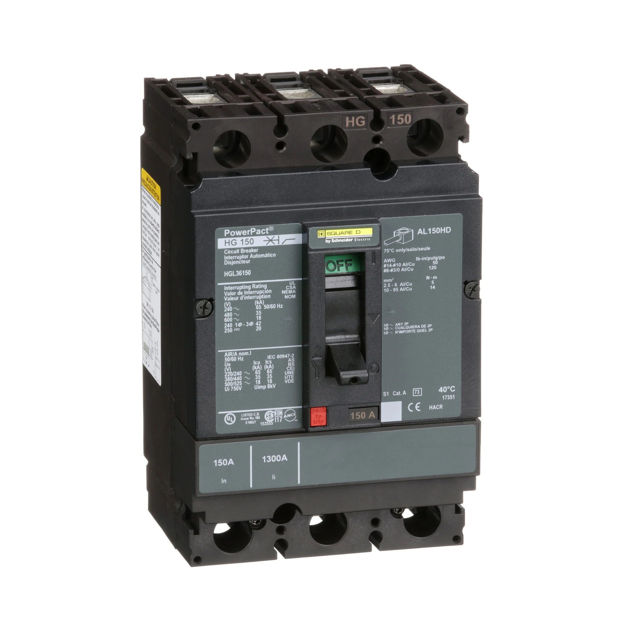 Schneider Electric HGL36150 Compact Power Circuit Breaker PowerPacT H, TMD 150A, 3P, 18kA/600V AC (img_001)