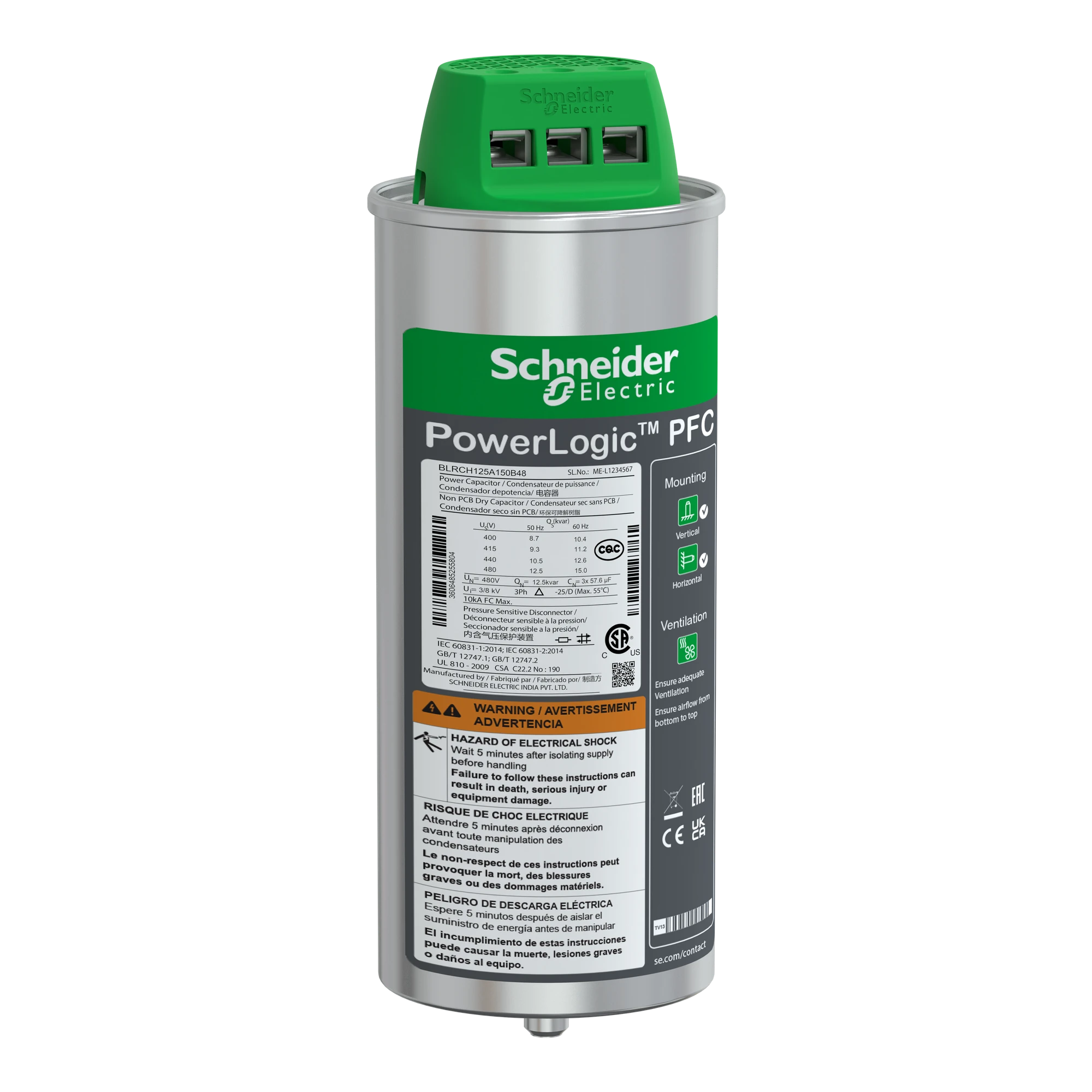 Schneider Electric BLRCH125A150B48 High-performance capacitor, PowerLogic PFC HD, 12.5/15kvar, 480V, 50/60Hz (img_001) Schneider Electric BLRCH125A150B48 High-performance capacitor, PowerLogic PFC HD, 12.5/15kvar, 480V, 50/60Hz (img_001)