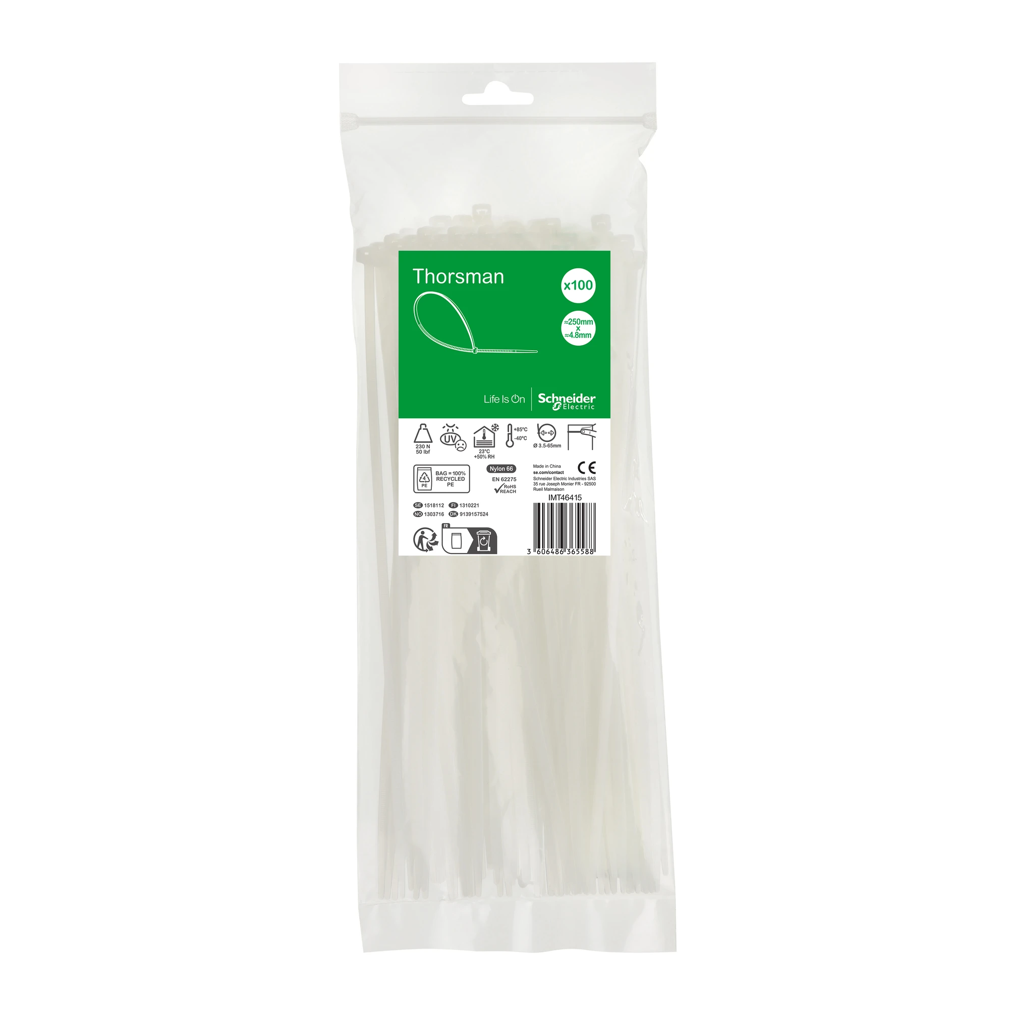 Schneider Electric IMT46415 Thorsman Cable Ties, Dimensions: 250X4.8 mm, Pack of 100 Pieces Color: Clear (img_001)