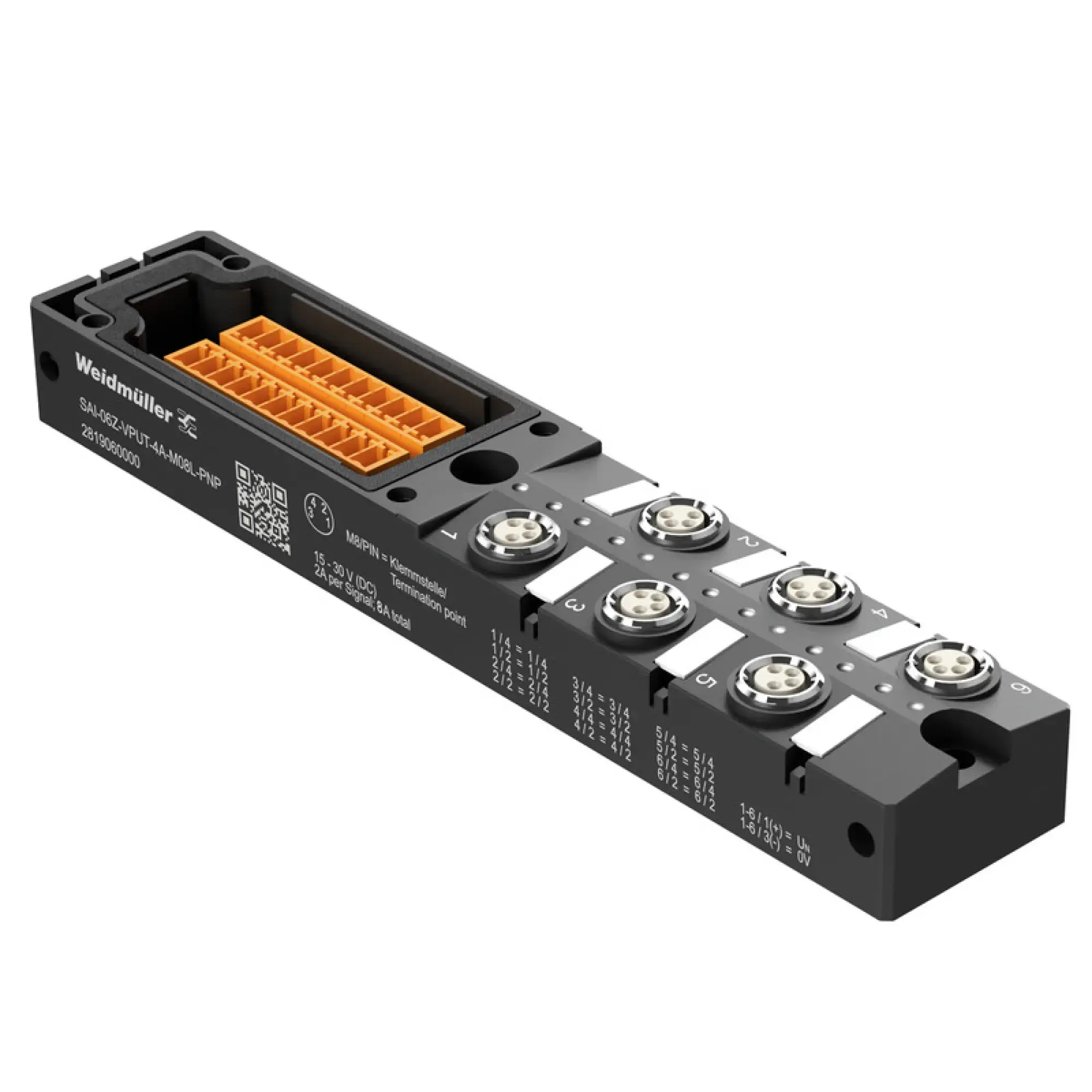 Weidmüller 2819060000 Sensor-actuator passive distributor (without cable), Hood distributor lower part, M8, 30 V, LED: Yes, LED initiator: Yes, Wiring type: PNP (img_001)