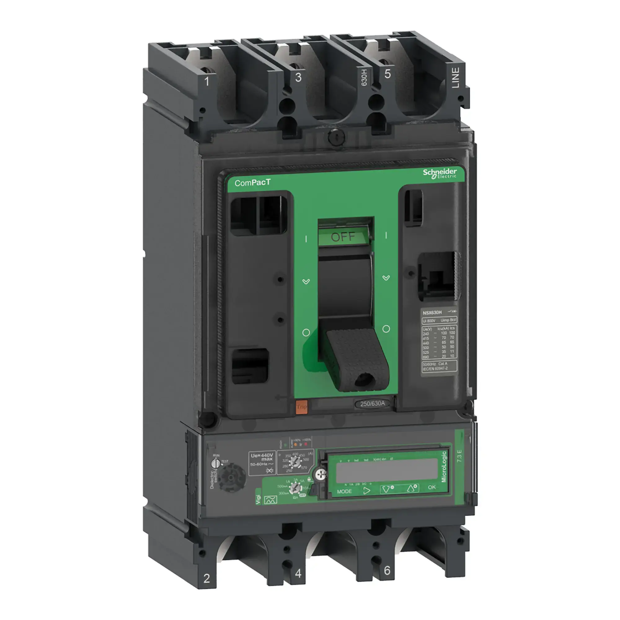 Schneider Electric C63N37E570 Compact Circuit Breaker ComPacT NSX630N, 50kA/415 VAC, MicroLogic 7.3 E Vigi 570 A, 3P3D (img_002)