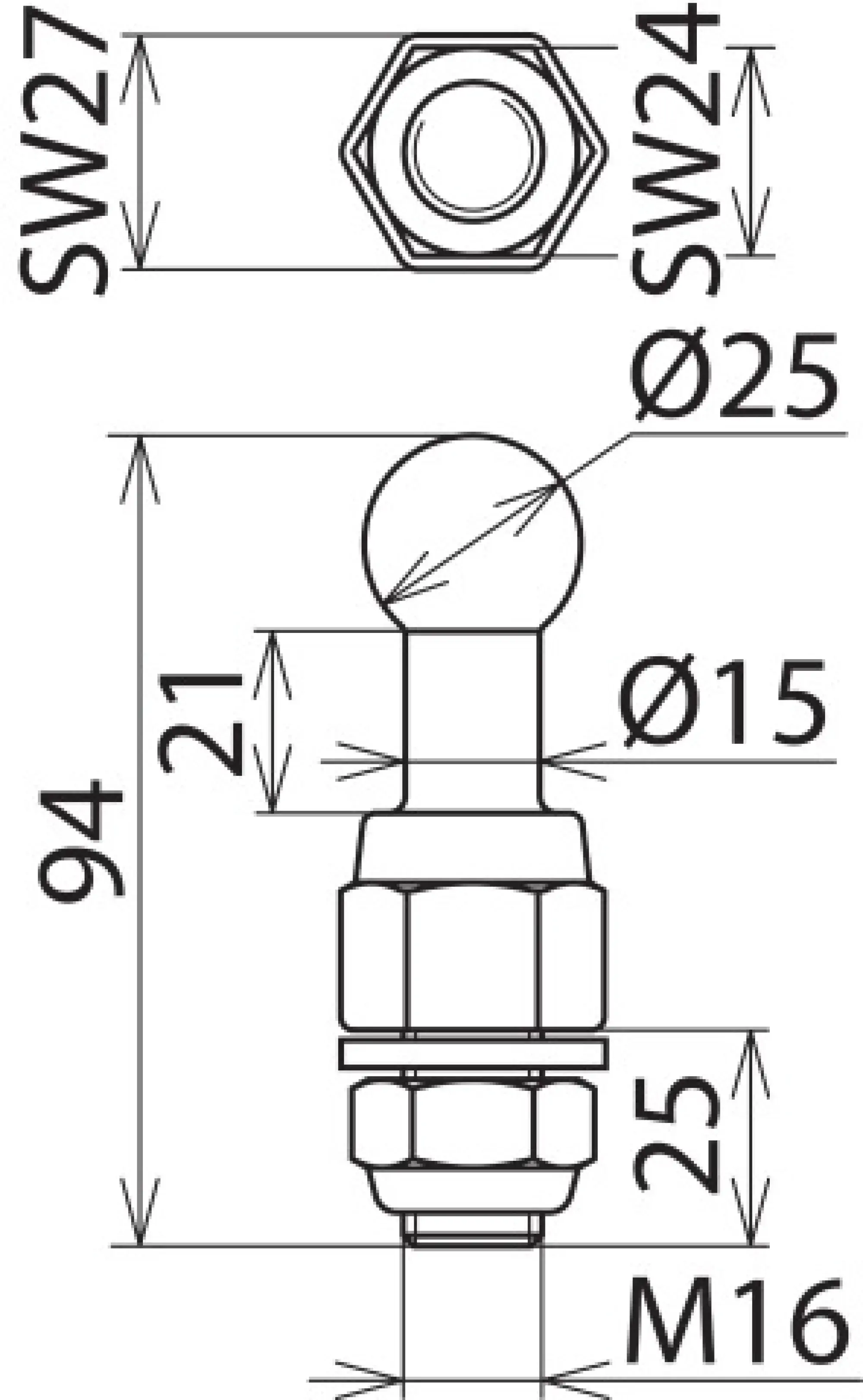 Dehn 755626 Fixed ball point D 25mm straight with thr. pin, nut, flat washer M16x26mm (img_002)