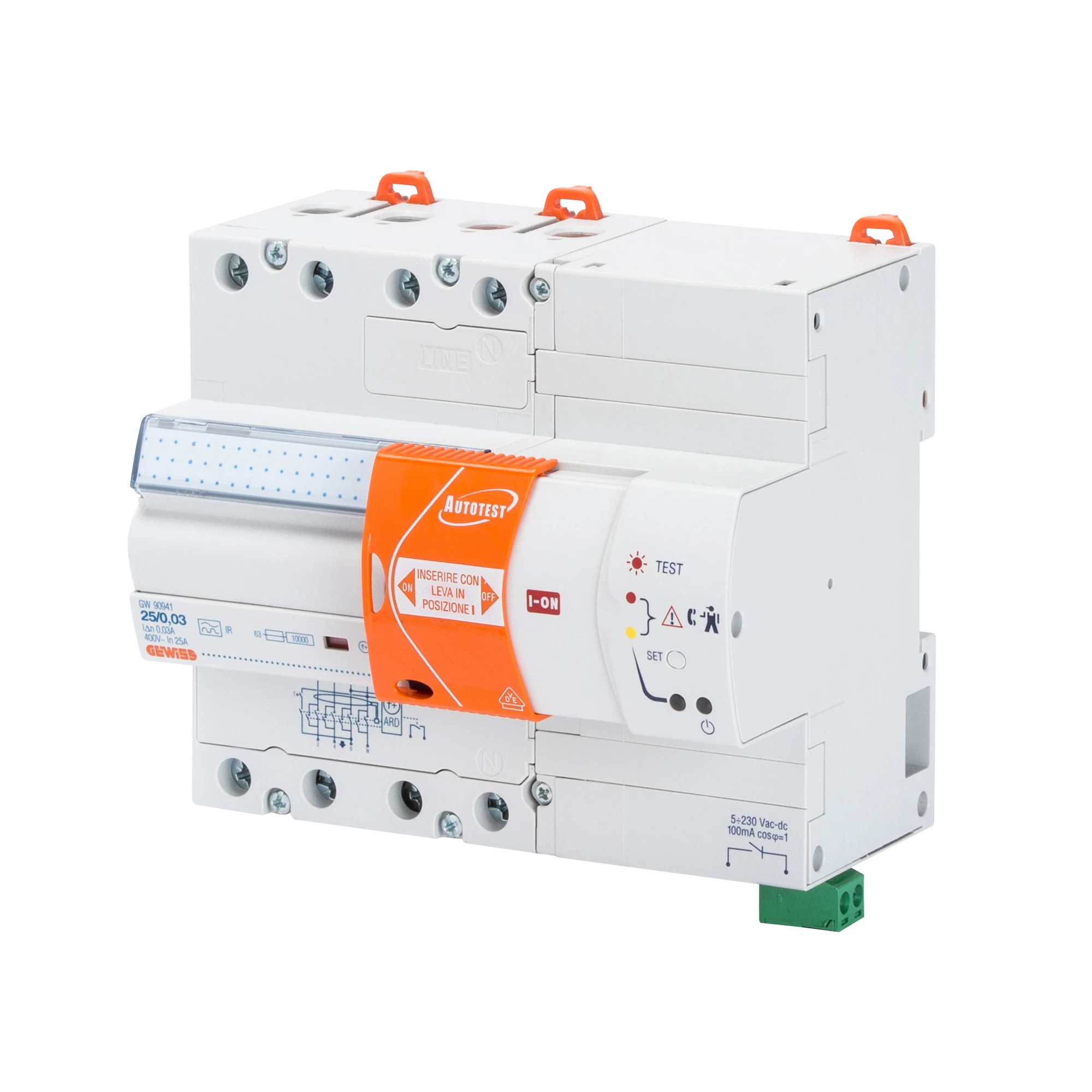 GEWISS GW90941 AUTOTEST WITHOUT AUTOMATIC RECLOSING - 4 POLES - 25A Idn=0,03 - A[IR] 400 V - 7 MODULES EN 50022 (img_001)