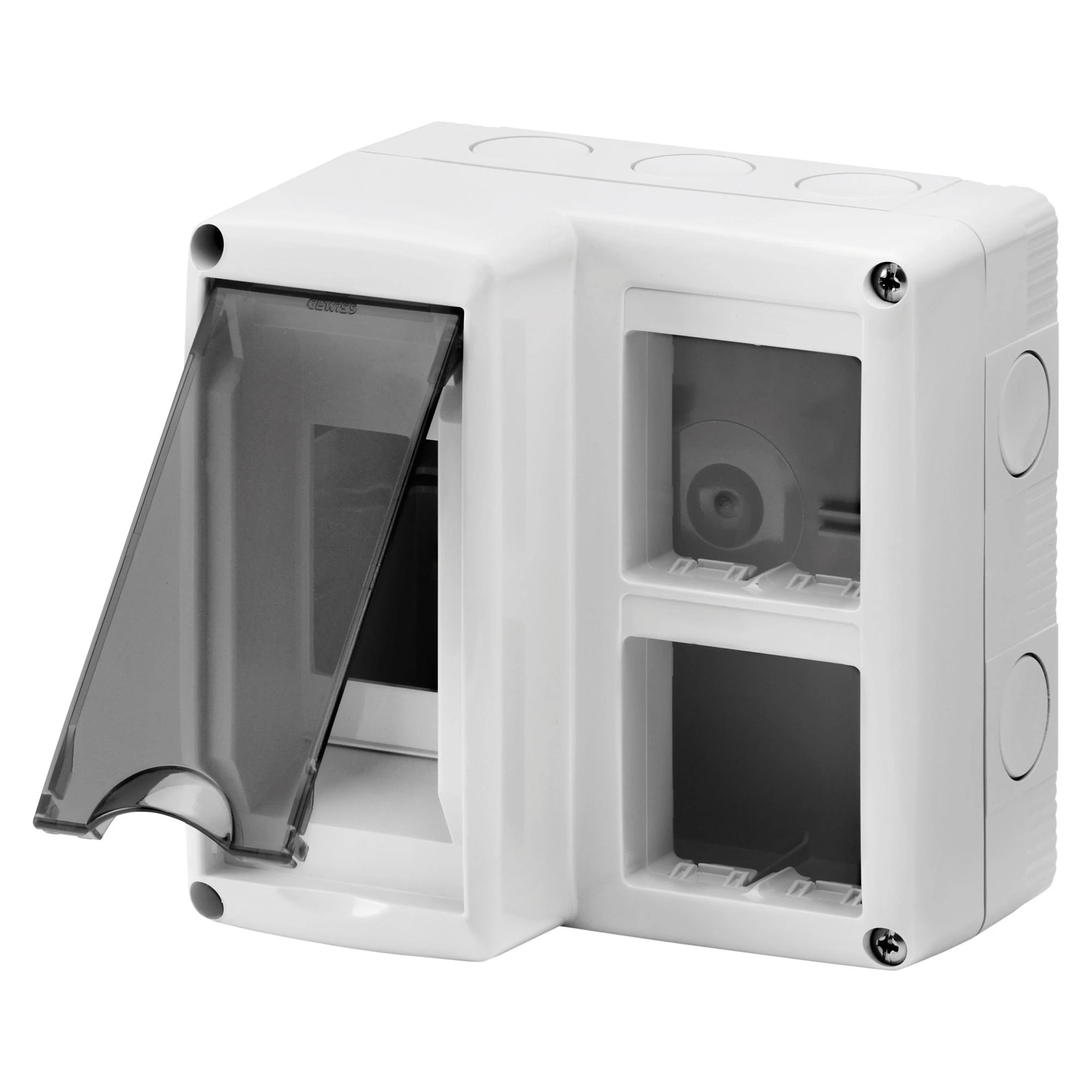 GEWISS GW27071 System AP Gehaeuse mit Halterung 4M 2x2 und DIN-Schiene 2TE IP40 RAL7035 (img_001) GEWISS GW27071 System AP Gehaeuse mit Halterung 4M 2x2 und DIN-Schiene 2TE IP40 RAL7035 (img_001)