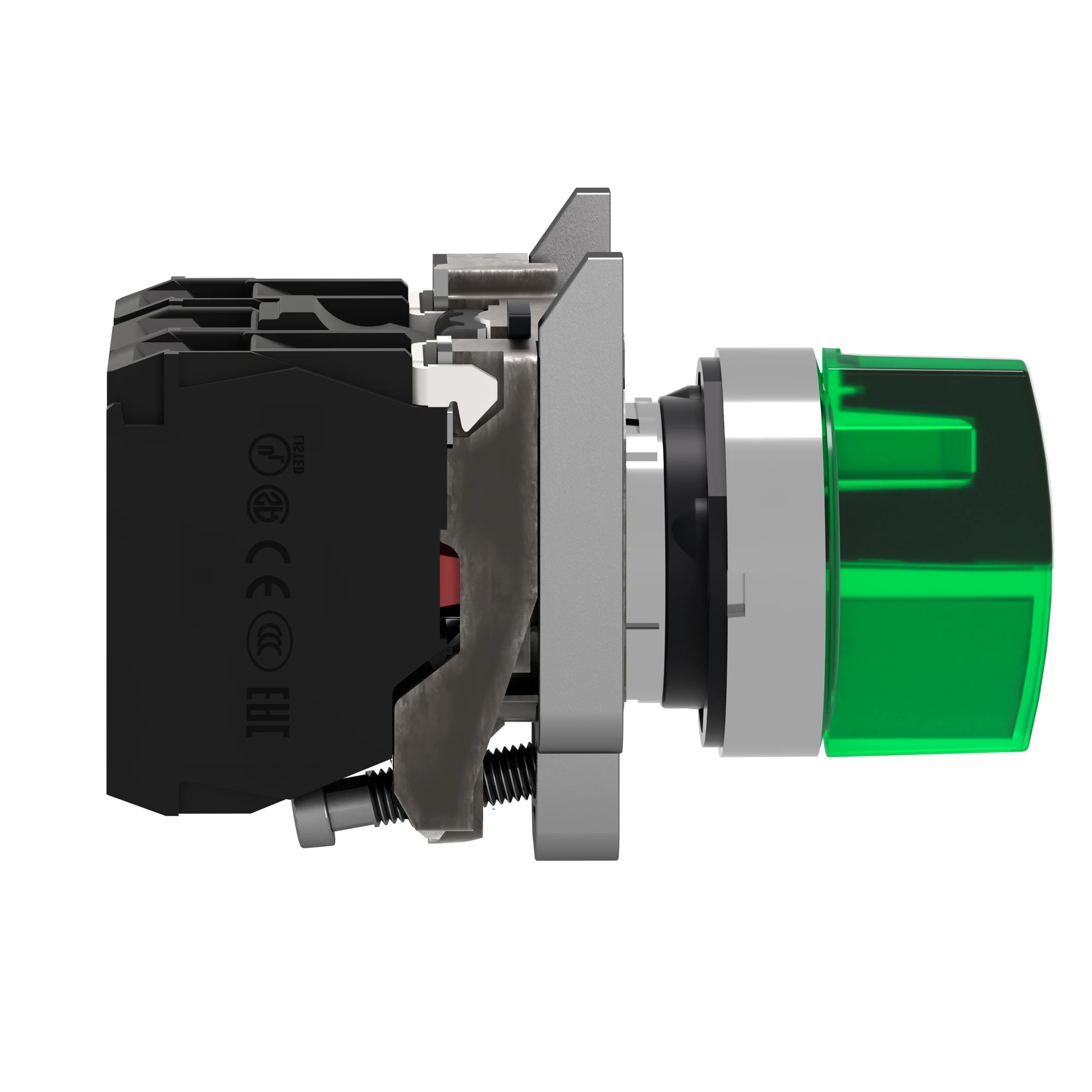 Schneider Electric XB4BK133G5 Illuminated selector switch, Harmony XB4, Metal, 22mm, green, universal LED, 3 positions, 1NC+1NO, 110-120V AC (img_004)