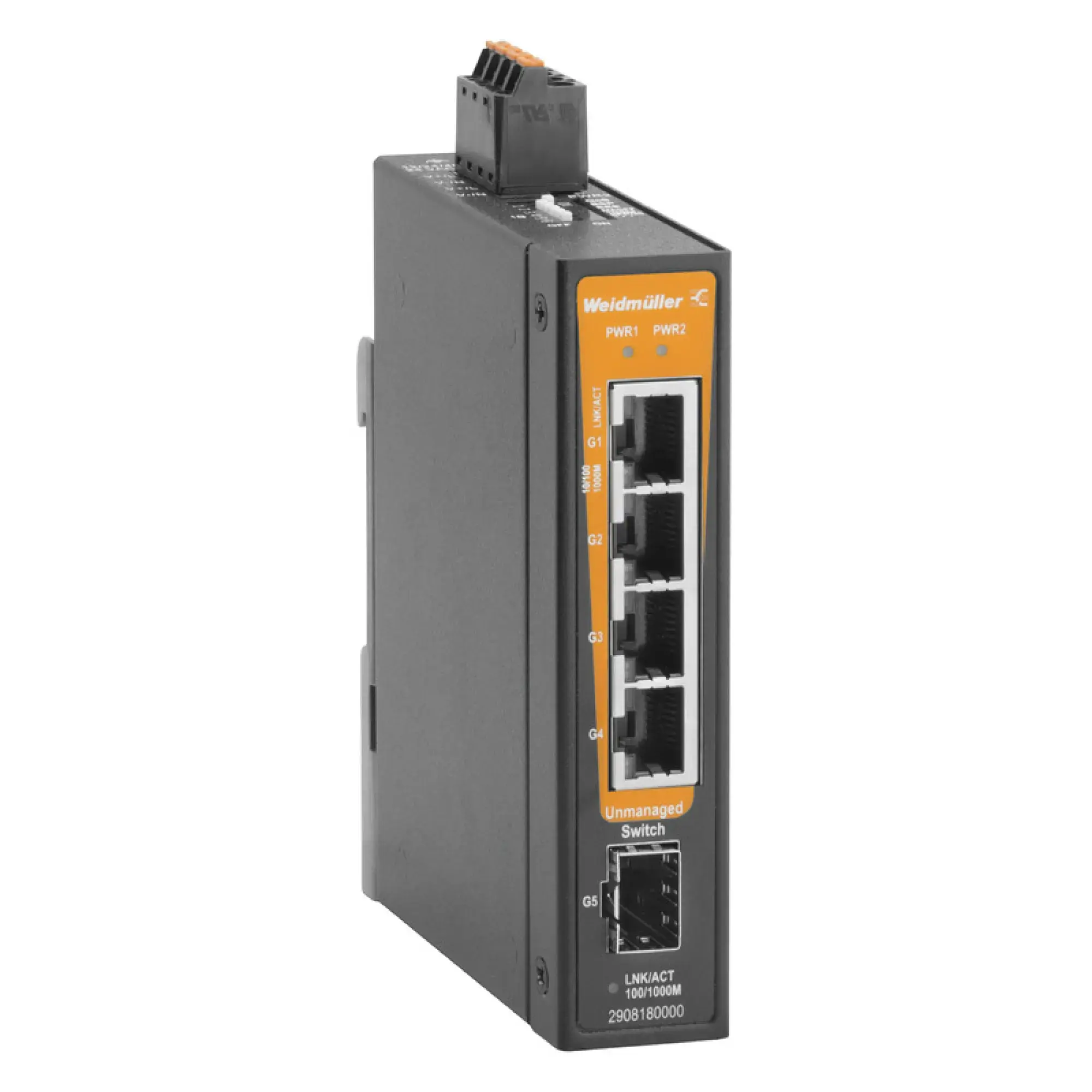 Weidmüller 2908180000 Network switch, unmanaged, Gigabit Ethernet, 4x RJ45, 1x 100/1000BaseSFP Slot, -40 °C...75 °C, IP30 IE-SW-BLB-05-4GT-1GESFP (img_001) Weidmüller 2908180000 Network switch, unmanaged, Gigabit Ethernet, 4x RJ45, 1x 100/1000BaseSFP Slot, -40 °C...75 °C, IP30 IE-SW-BLB-05-4GT-1GESFP (img_001)