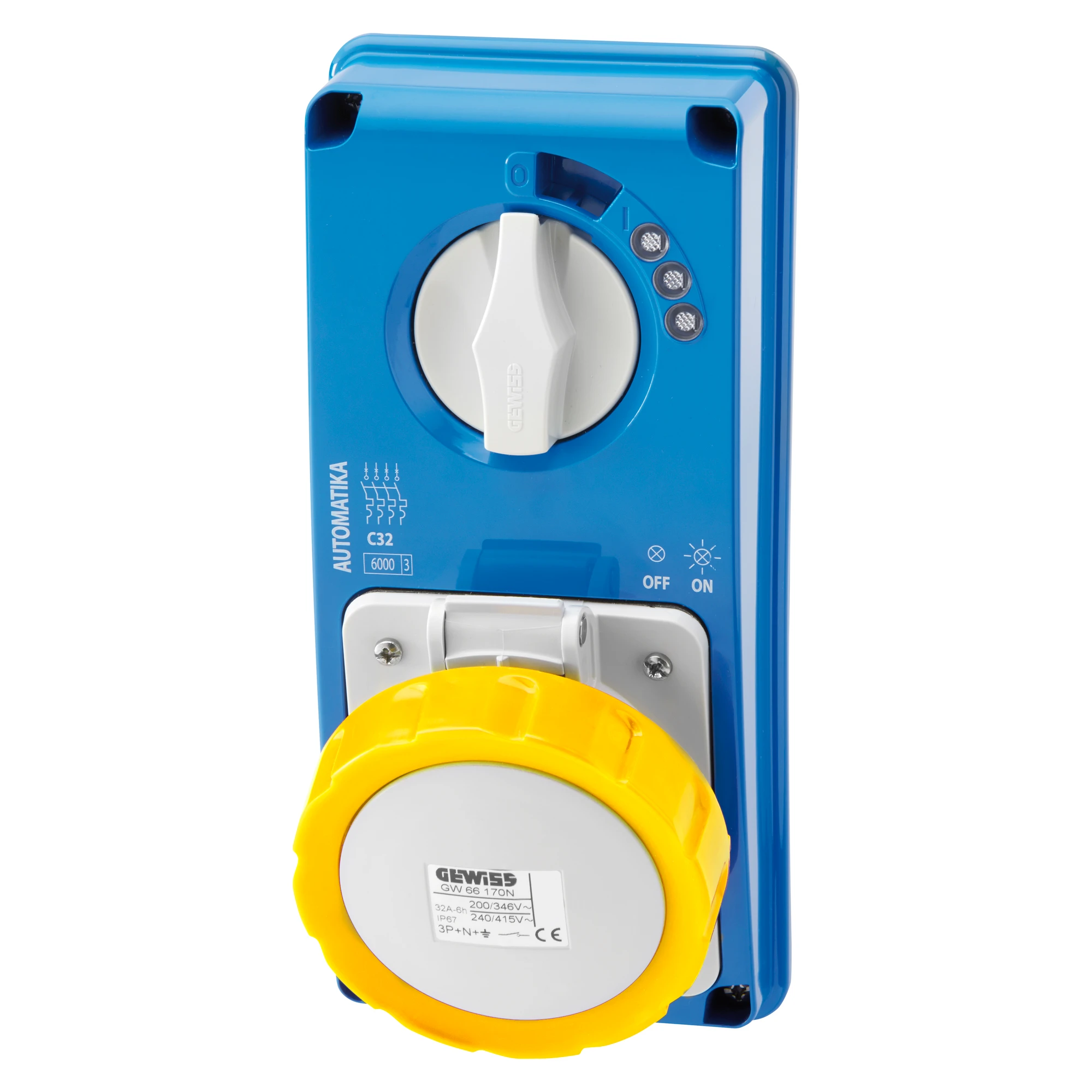 GEWISS GW66153N VERTICAL FIXED INTERLOCKED SOCKET OUTLET - AUTOMATIKA - MT 6KA CURVE C - WITHOUT BOTTOM - 3P+N+E 16A 110V 4H - IP67 (img_001)