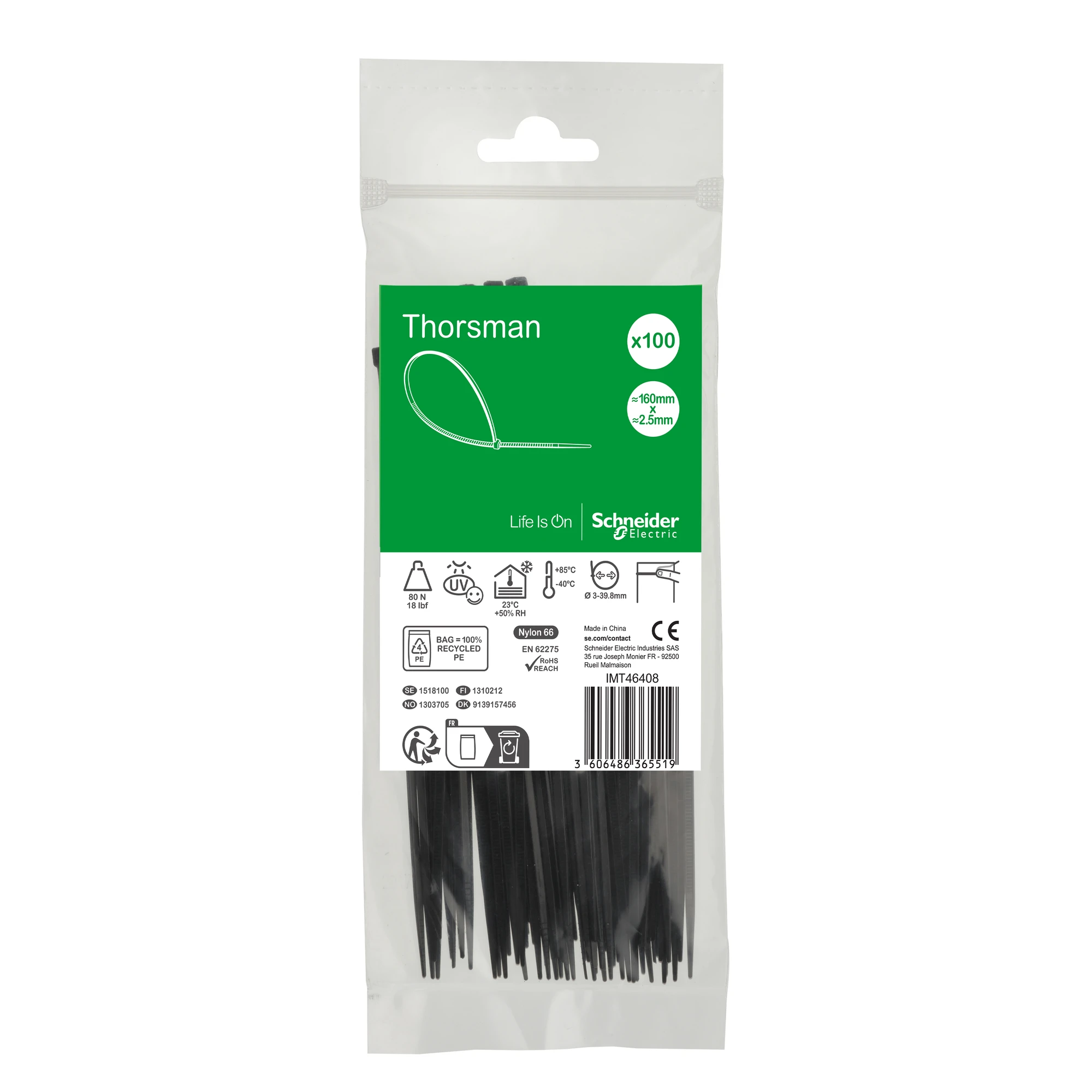 Schneider Electric IMT46408 Thorsman Cable Ties, Dimension: 160X2.5 mm, Quantity: 100 pieces, Color black (img_001) Schneider Electric IMT46408 Thorsman Cable Ties, Dimension: 160X2.5 mm, Quantity: 100 pieces, Color black (img_001)