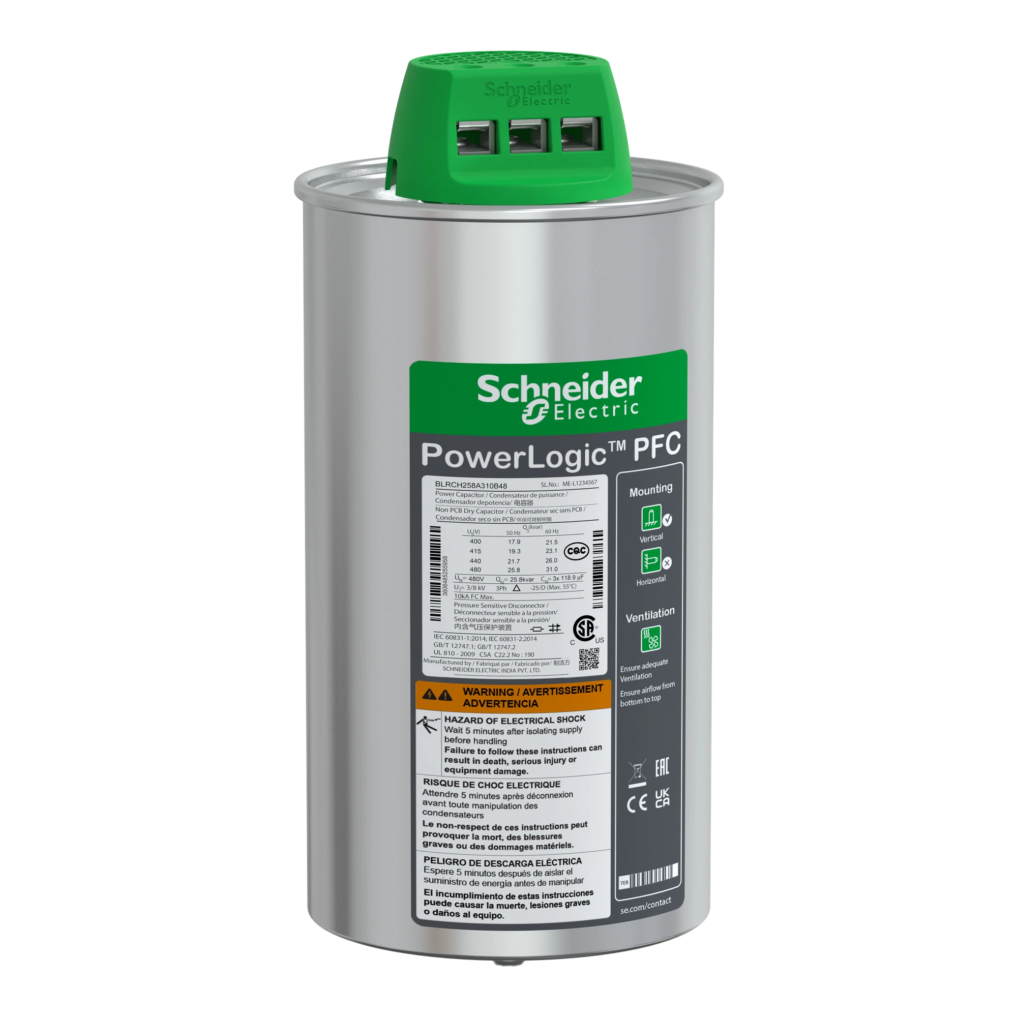Schneider Electric BLRCH258A310B48 High-performance capacitor, PowerLogic PFC HD, 25.8/31kvar, 480V, 50/60Hz (img_001)