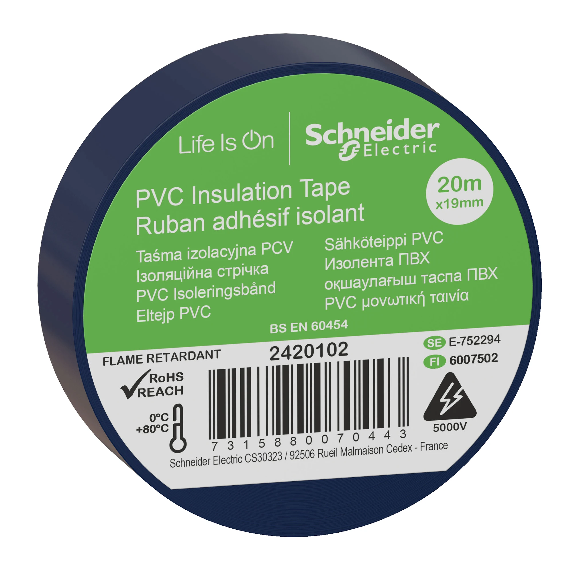 Schneider Electric 2420102 PVC Insulating Tape W=19mm, Length: 20m, Color: blue, (PU=8 rolls) (img_001) Schneider Electric 2420102 PVC Insulating Tape W=19mm, Length: 20m, Color: blue, (PU=8 rolls) (img_001)