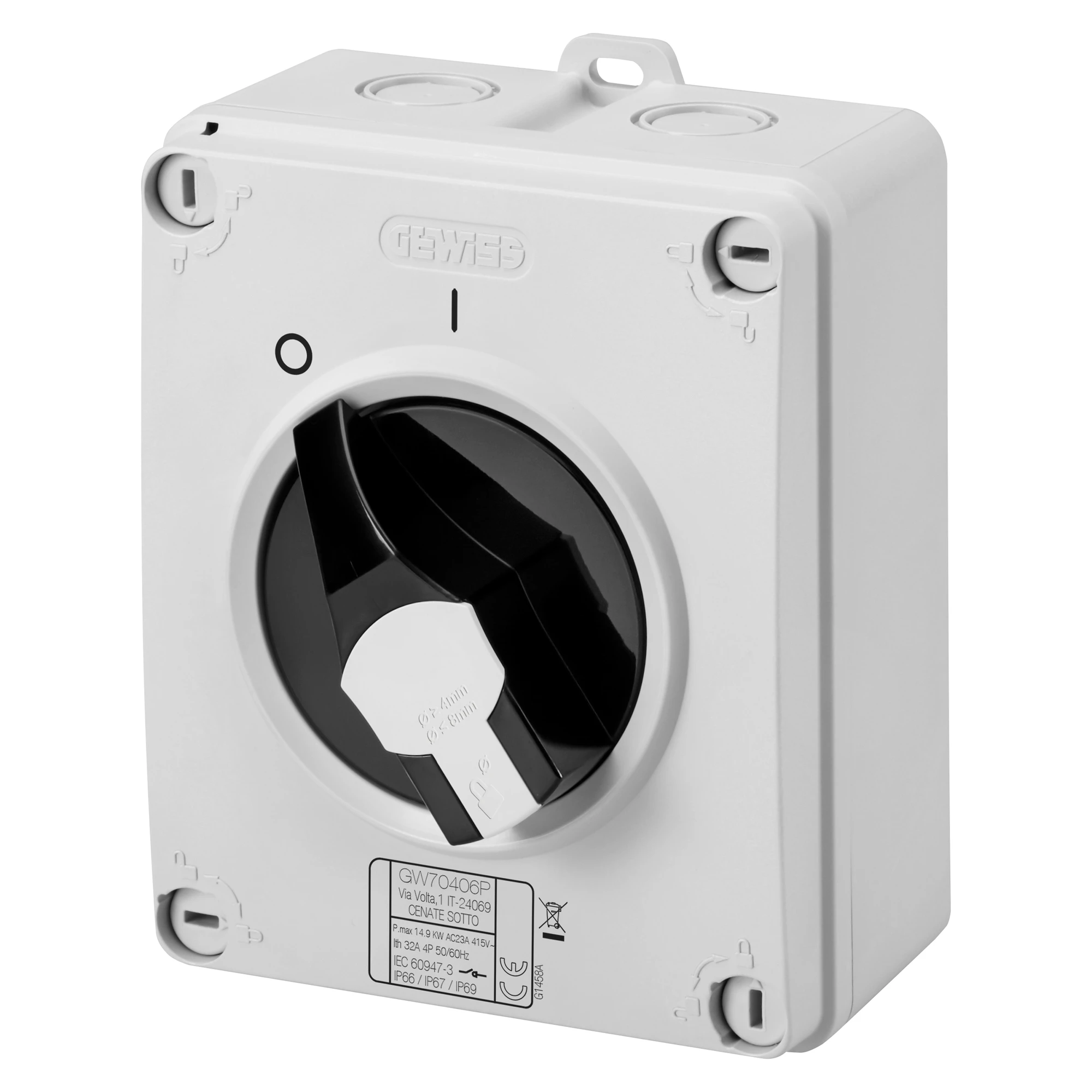 GEWISS GW70401P ROTARY ISOLATOR SWITCH - HP - COMMAND - ISOLATING MATERIAL BOX - 16A 2P - LOCKABLE BLACK KNOB - IP66/67/69 (img_001)