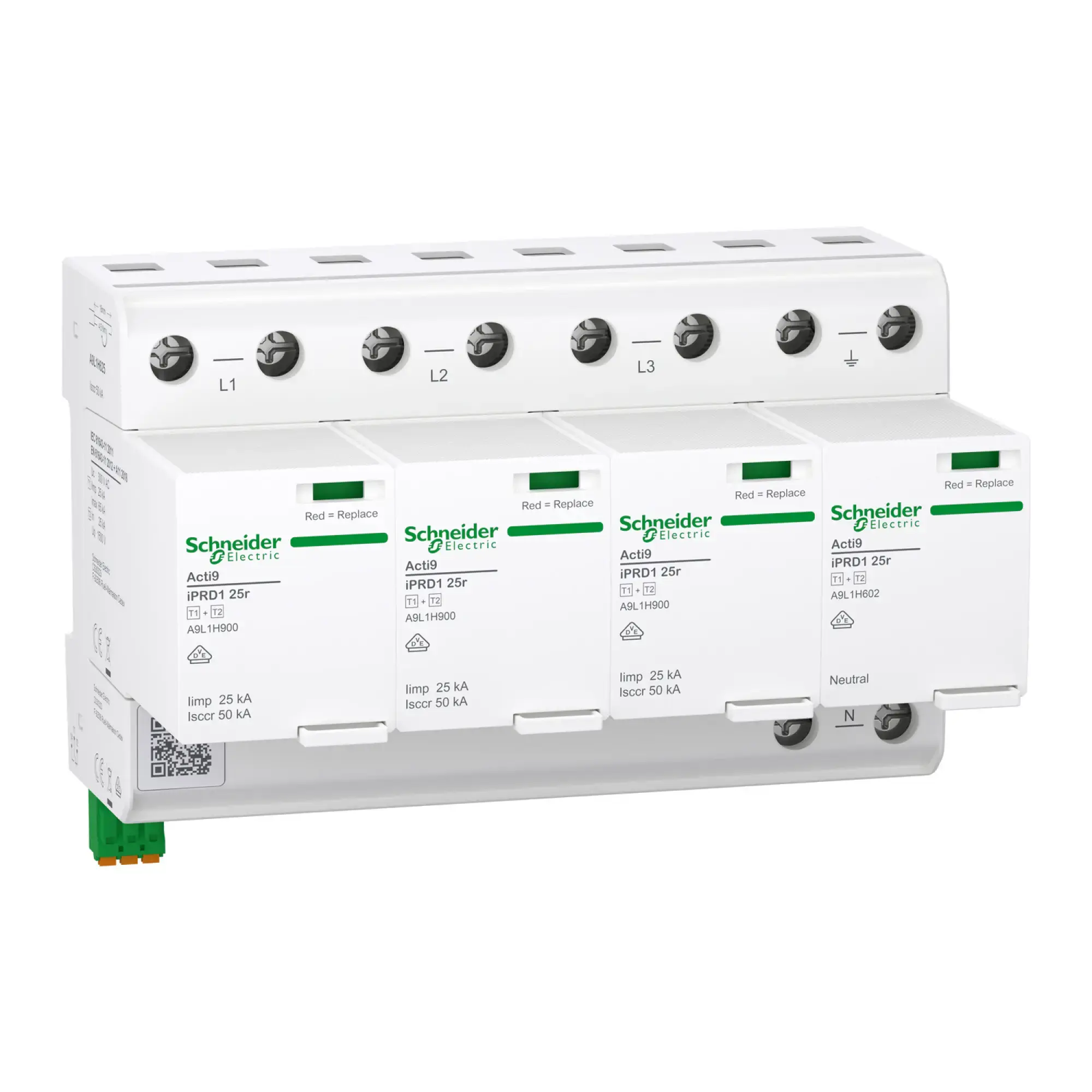 Schneider Electric A9L1H625 Combined Lightning/Surge Arrester, Acti9 iPRD1 25r, Type 1+2, Pluggable Protection Modules, 3P+N, Iimp 25kA, FM Contact (img_002)