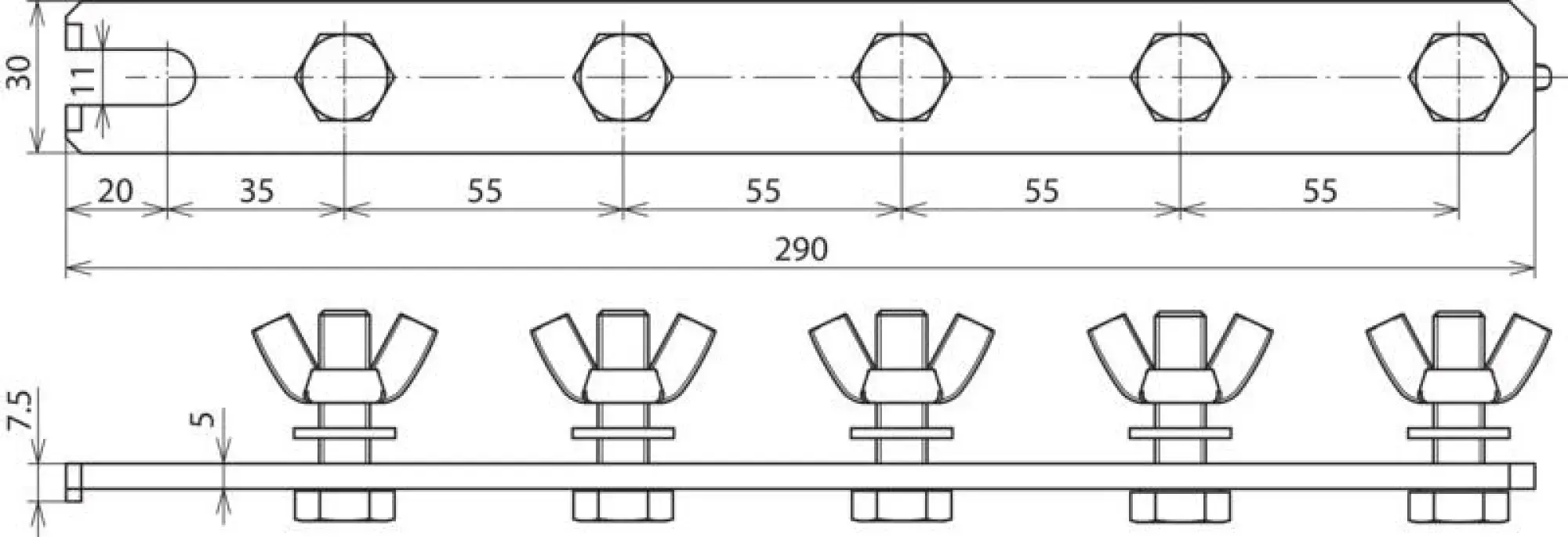 Dehn 466192 Earthing busbar St/tZn L 290mm f. 5 earthing cond., screws M10x35 Supply No. 5940-12-188-4931 (img_004)
