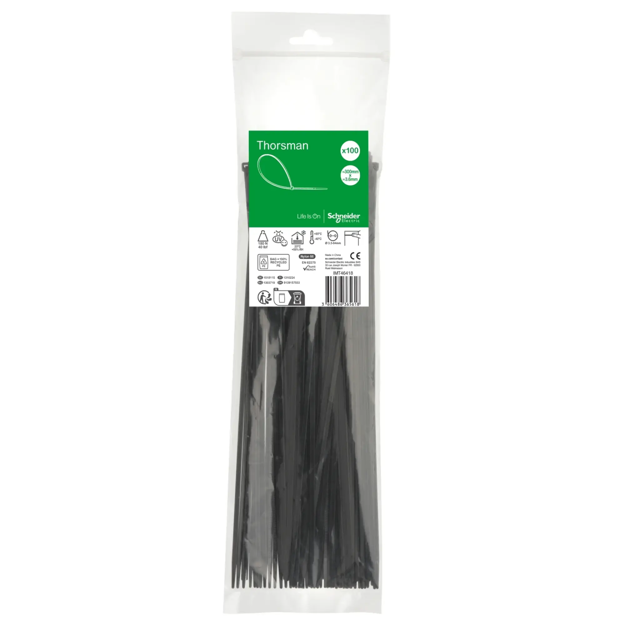 Schneider Electric IMT46418 Thorsman Cable Ties, Dimensions: 300X3.6 mm, PCK=100 pieces Color black (img_002) Schneider Electric IMT46418 Thorsman Cable Ties, Dimensions: 300X3.6 mm, PCK=100 pieces Color black (img_002)