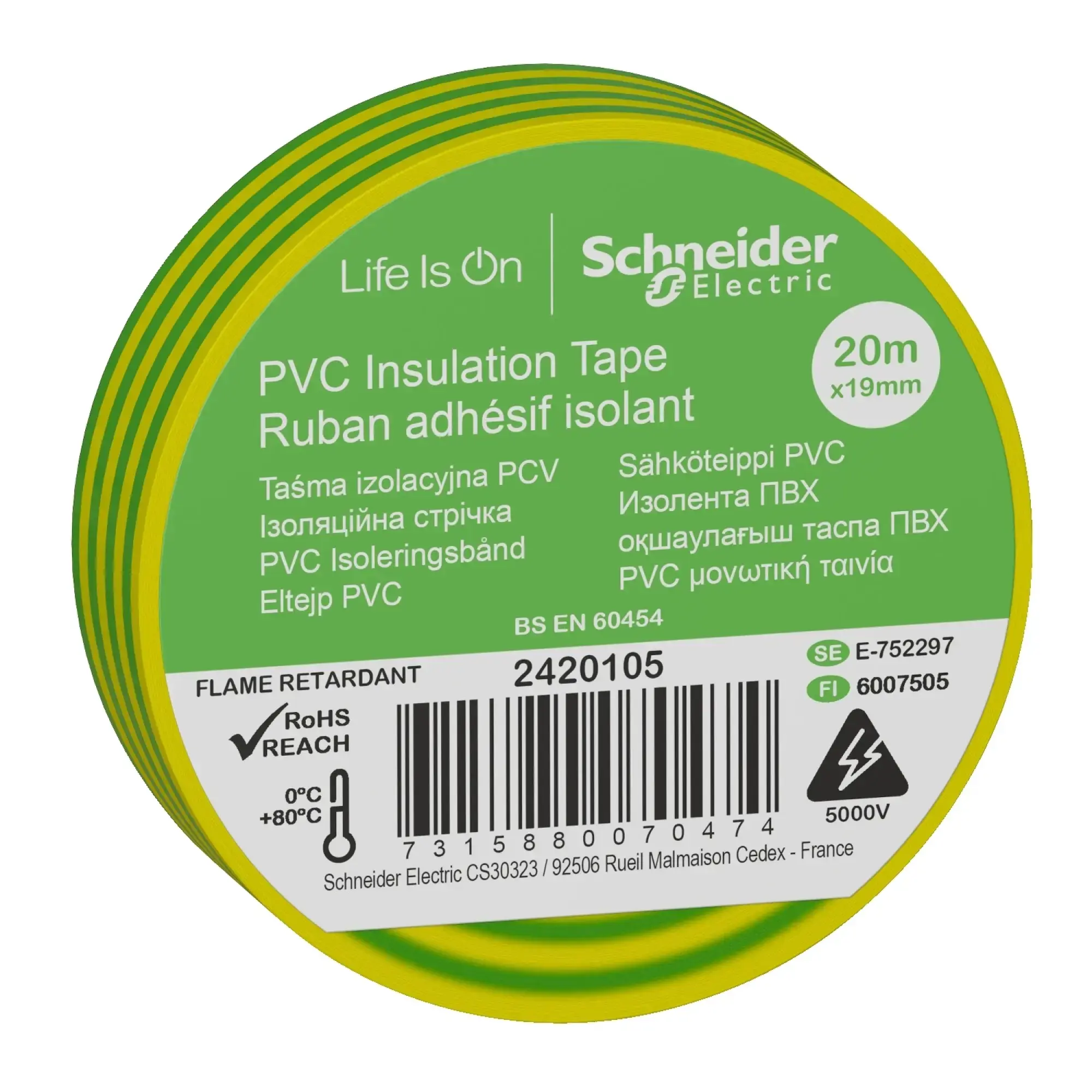 Schneider Electric 2420105 PVC Insulating Tape W=19mm, Length: 20m, Color: green/yellow, (PU=8 Rolls) (img_002) Schneider Electric 2420105 PVC Insulating Tape W=19mm, Length: 20m, Color: green/yellow, (PU=8 Rolls) (img_002)