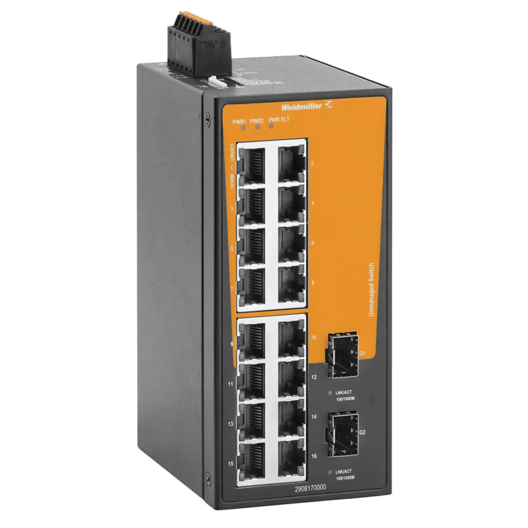 Weidmüller 2908170000 Network switch (unmanaged), unmanaged, Fast/Gigabit Ethernet, Number of ports: 16x RJ45, 2x 100/1000BaseSFP Slot, -40 °C...75 °C, IP30 (img_001) Weidmüller 2908170000 Network switch (unmanaged), unmanaged, Fast/Gigabit Ethernet, Number of ports: 16x RJ45, 2x 100/1000BaseSFP Slot, -40 °C...75 °C, IP30 (img_001)