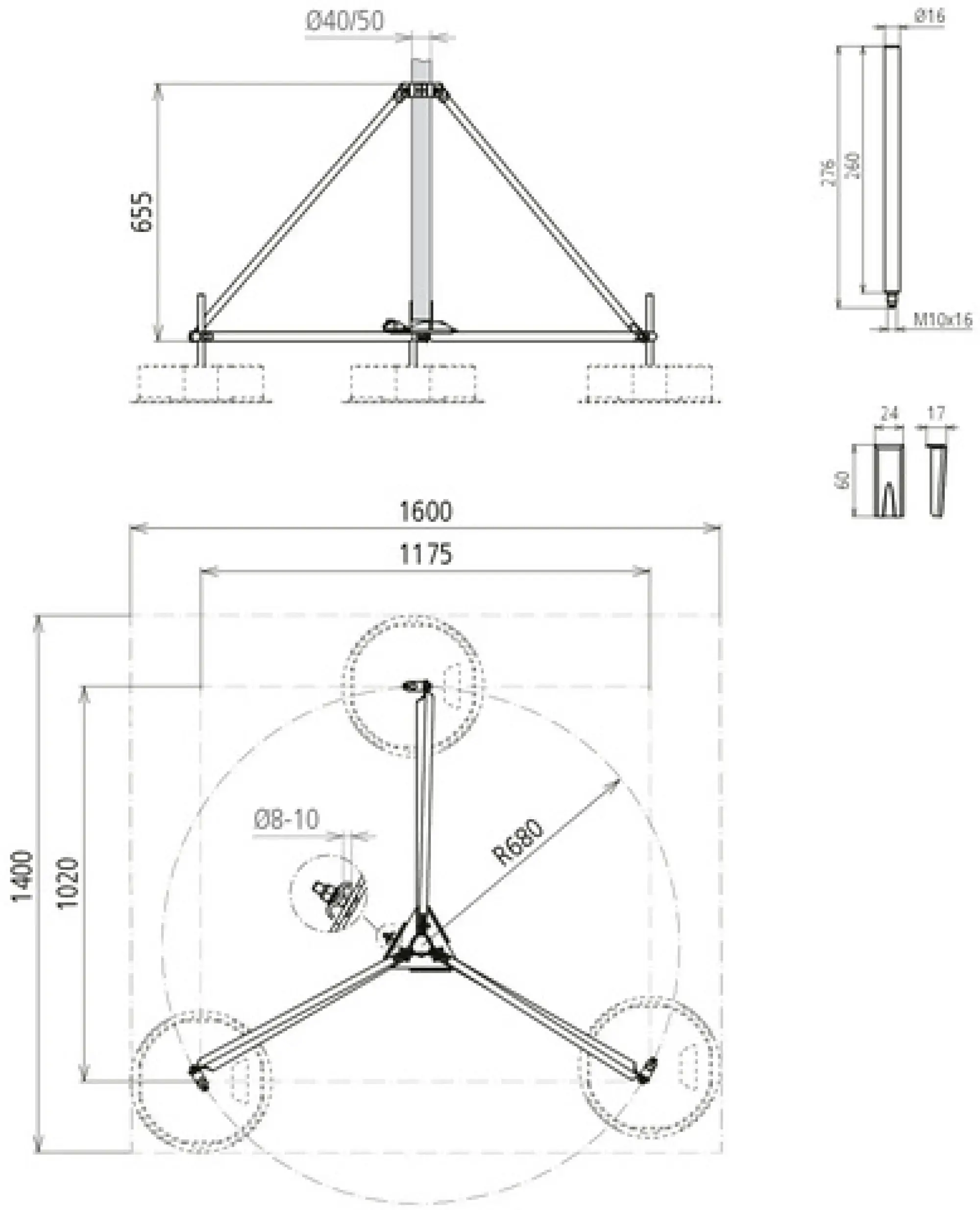 Dehn 107390 Tripod hinged w. half shell f. tube D40/50mm radius 680mm inclination angle 10° StSt (img_002)