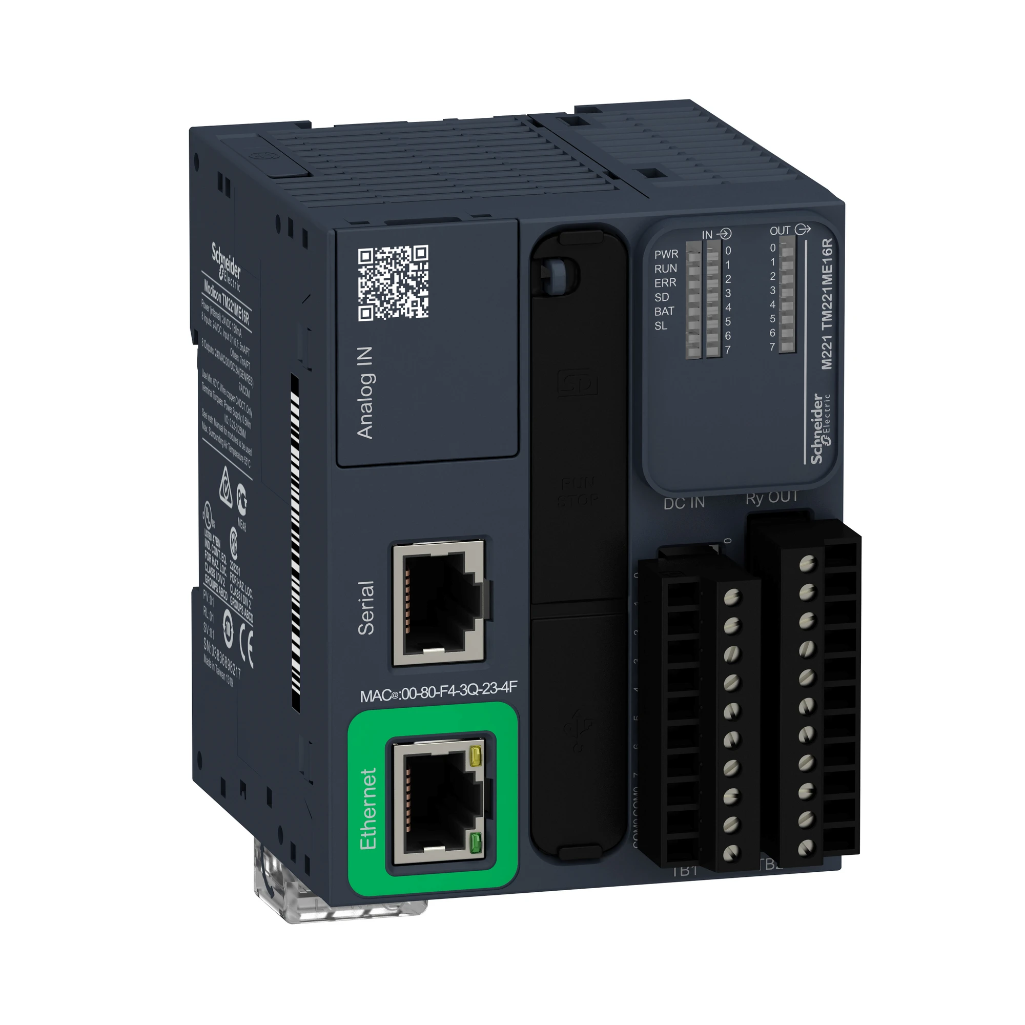Schneider Electric TM221ME16R PLC Control, Modicon M221, Book Format, 16 I/O, Ethernet, Modbus, 24 VDC, Relay Outputs, Screw Terminals (img_001)