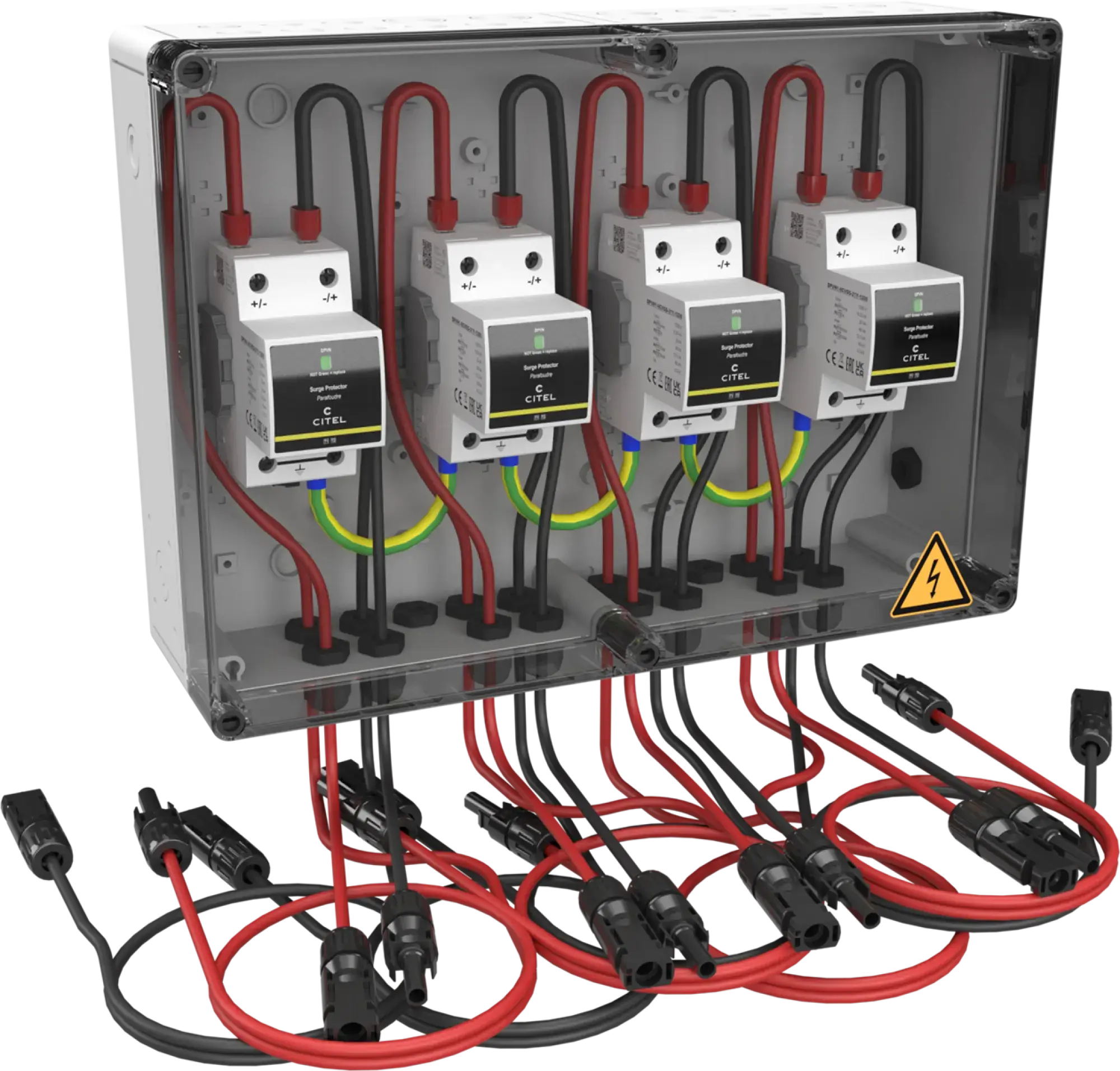 Citel 156985 Generatoranschlusskasten mit SPD Typ 1+2+3 bis 1200 VDC, 4-MPPT, 1 String MC4 (img_001) Citel 156985 Generatoranschlusskasten mit SPD Typ 1+2+3 bis 1200 VDC, 4-MPPT, 1 String MC4 (img_001)