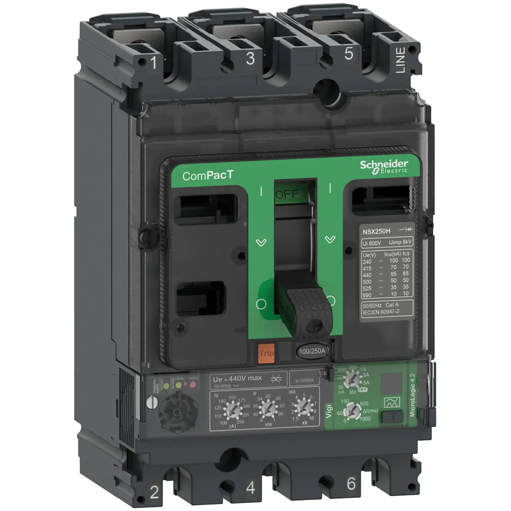 Schneider Electric C25H34V250 Compact power circuit breaker ComPacT NSX250H with Micrologic 4.2 90-250A, 3P3D 70kA/415V AC (img_002) Schneider Electric C25H34V250 Compact power circuit breaker ComPacT NSX250H with Micrologic 4.2 90-250A, 3P3D 70kA/415V AC (img_002)