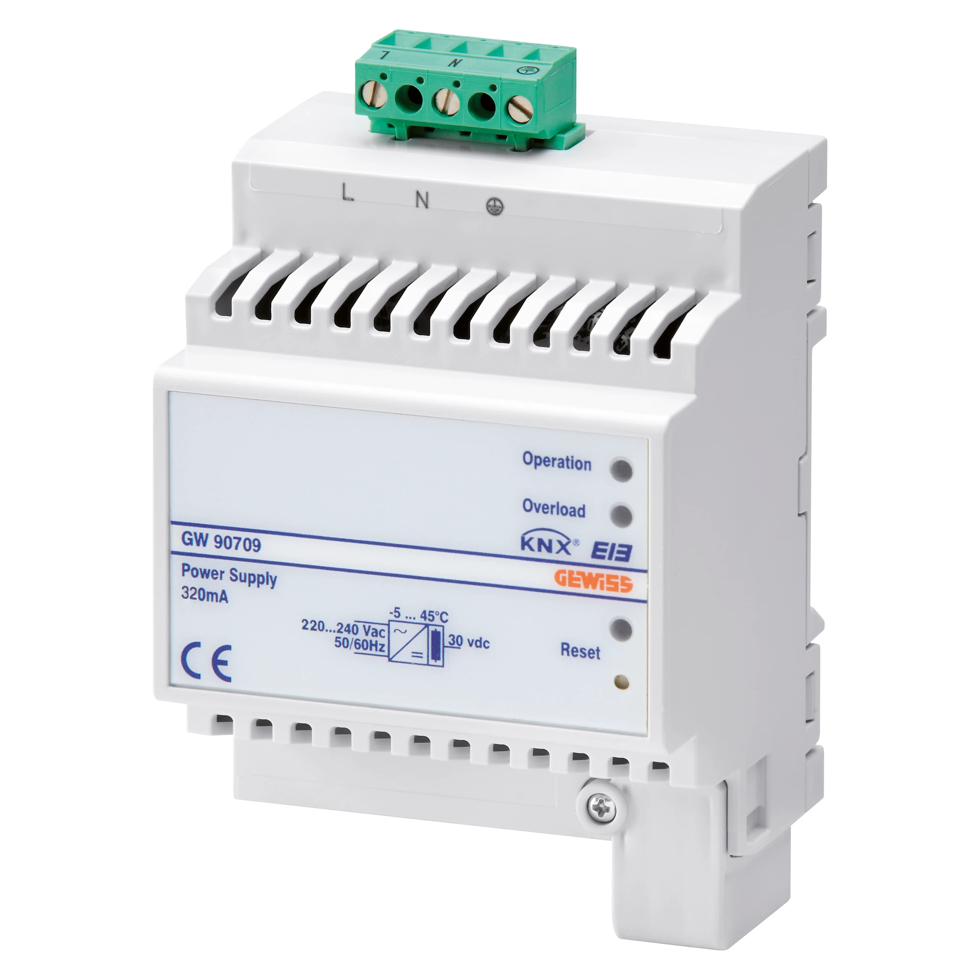 GEWISS GW90709 SELF-PROTECTED ELECTRONIC POWER SUPPLY 220-240V - 50/60Hz - 320mA - IP20 - 4 MODULES - DIN RAIL MOUNTING (img_001)
