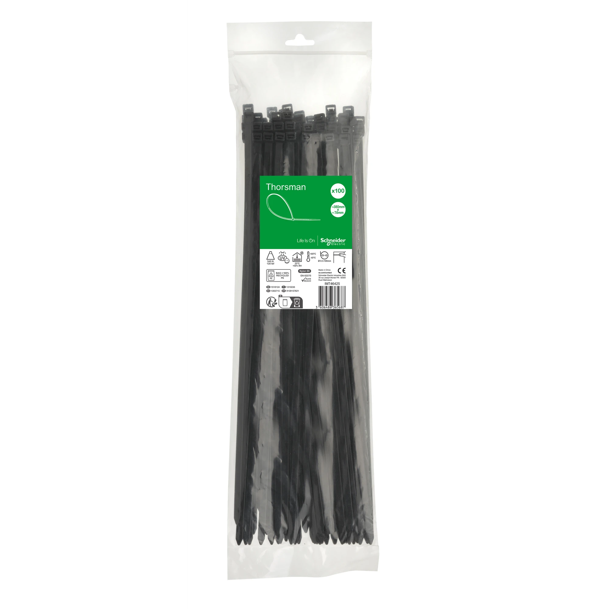 Schneider Electric IMT46425 Thorsman Cable Ties, Dimensions: 380X7.6 mm, Pack of 100 pcs Color Black (img_001) Schneider Electric IMT46425 Thorsman Cable Ties, Dimensions: 380X7.6 mm, Pack of 100 pcs Color Black (img_001)