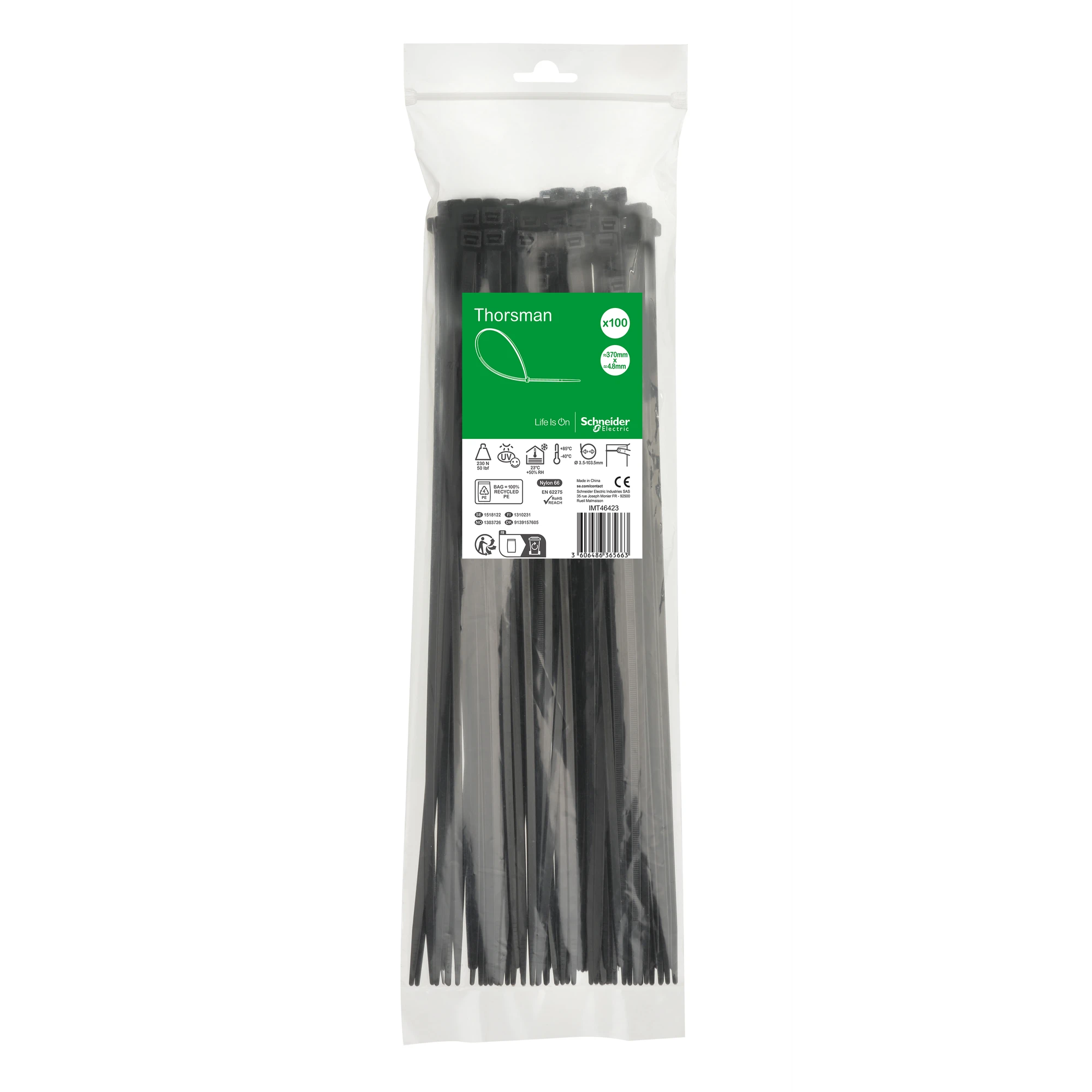 Schneider Electric IMT46423 Thorsman Cable Ties, Dimension: 370X4.8 mm, Pack of 100 Pieces Color Black (img_001) Schneider Electric IMT46423 Thorsman Cable Ties, Dimension: 370X4.8 mm, Pack of 100 Pieces Color Black (img_001)