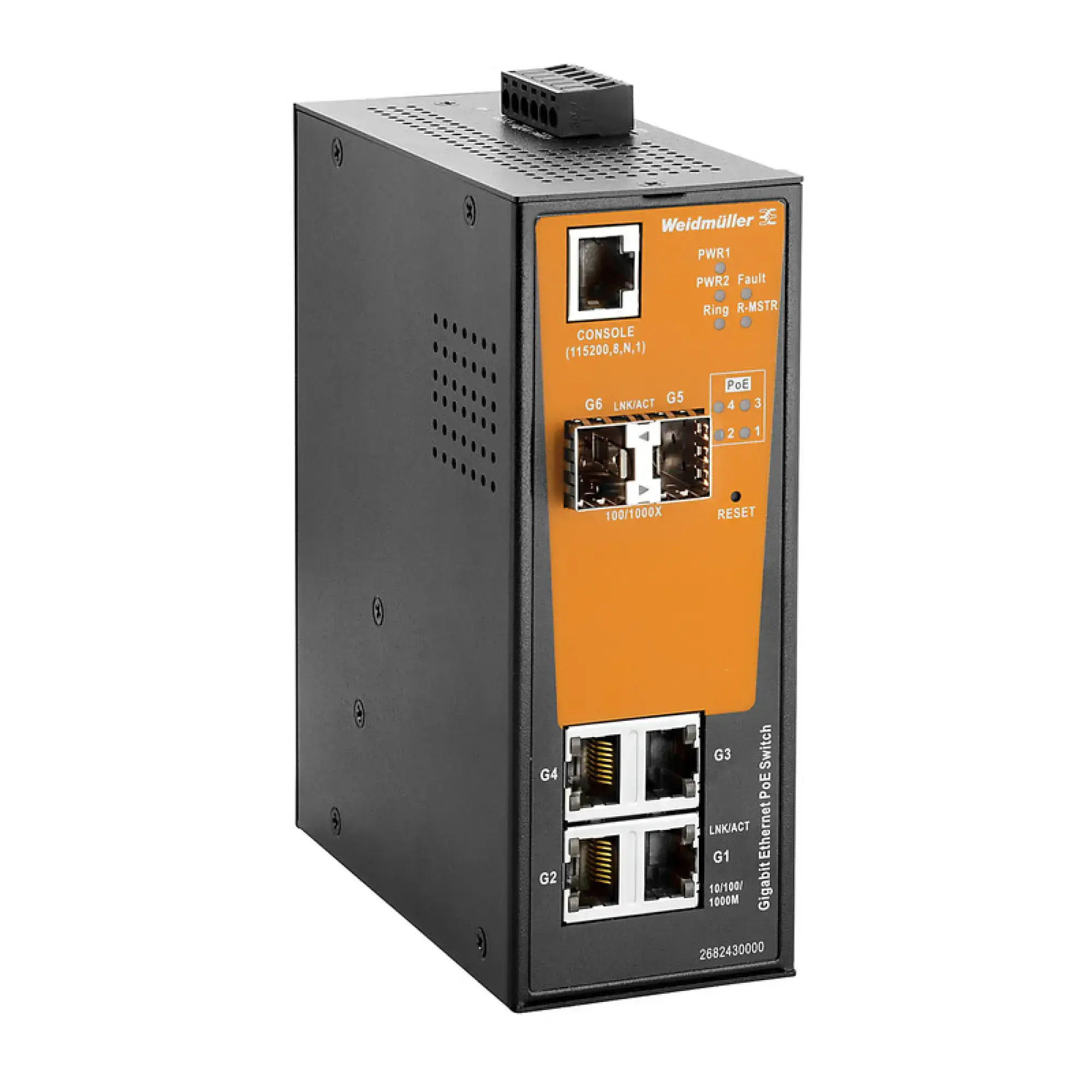 Weidmüller 2682430000 Network switch (managed), managed PoE, Gigabit Ethernet, Number of ports: 4 * RJ45 10/100/1000BaseT(X) PoE+, 2x 100/1000BaseSFP Slot, -40 °C...75 °C, (img_001)