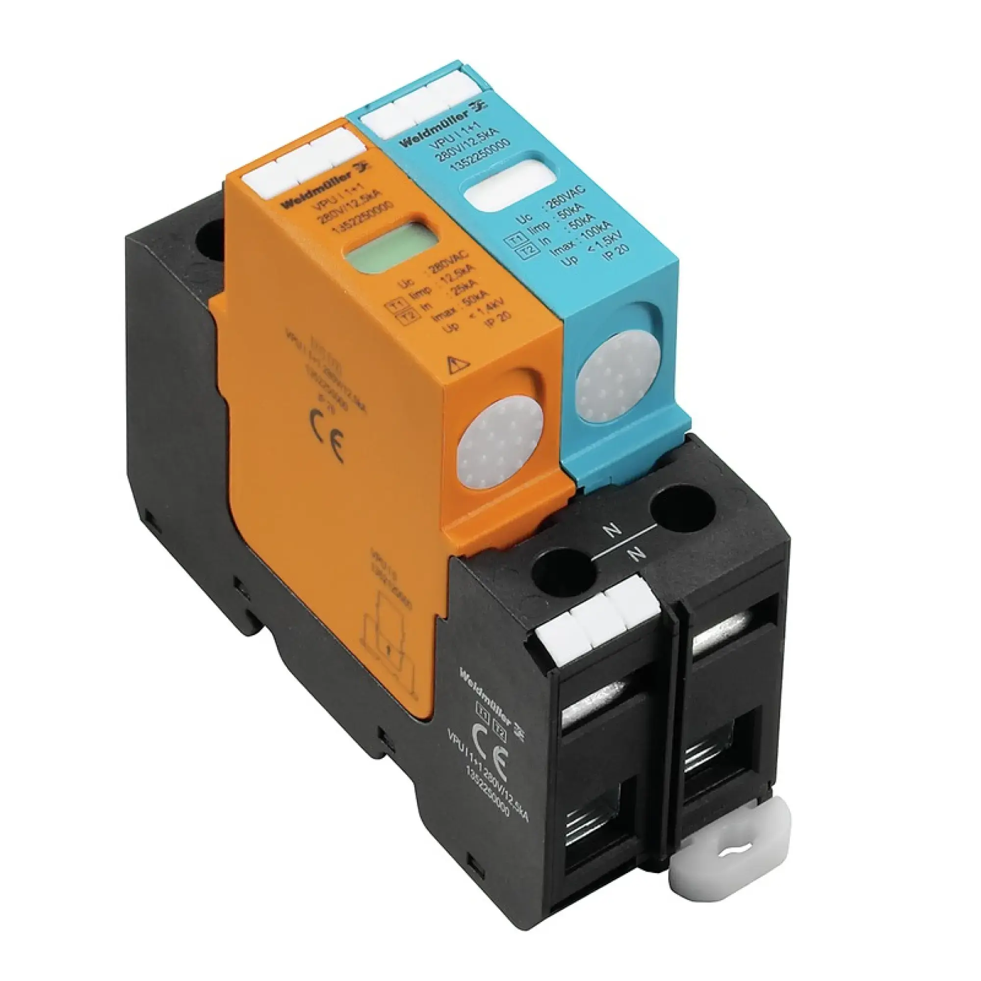 Weidmüller 1352250000 Surge voltage arrester (power supply systems), without telecomm. contact, Type I + II, Low voltage network: TN, IT with N, IT without N, Single-phase (img_001) Weidmüller 1352250000 Surge voltage arrester (power supply systems), without telecomm. contact, Type I + II, Low voltage network: TN, IT with N, IT without N, Single-phase (img_001)