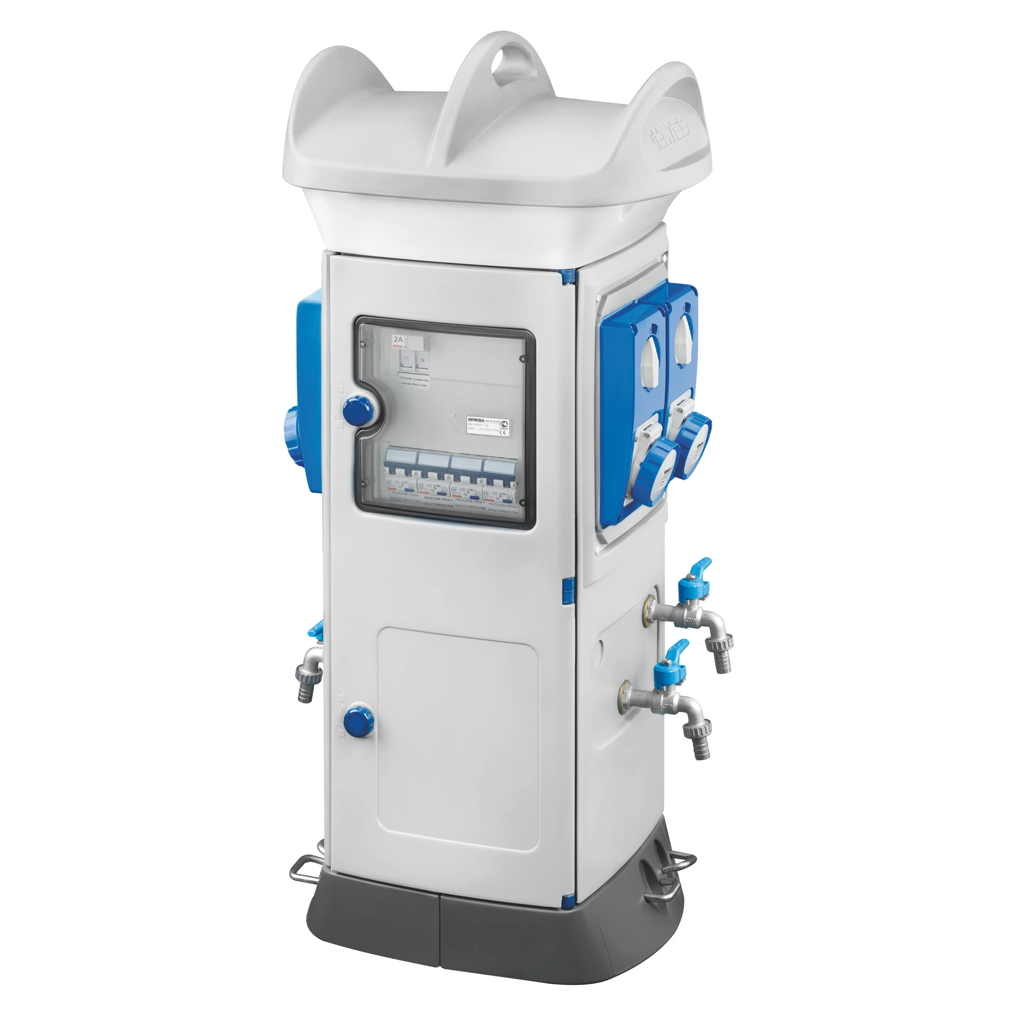 GEWISS GW68851W Steckdosenkombination QMC63 freistehend mit 4 IEC3x16A mit 2 Wasser 1/2" Grau IP56 (img_001)