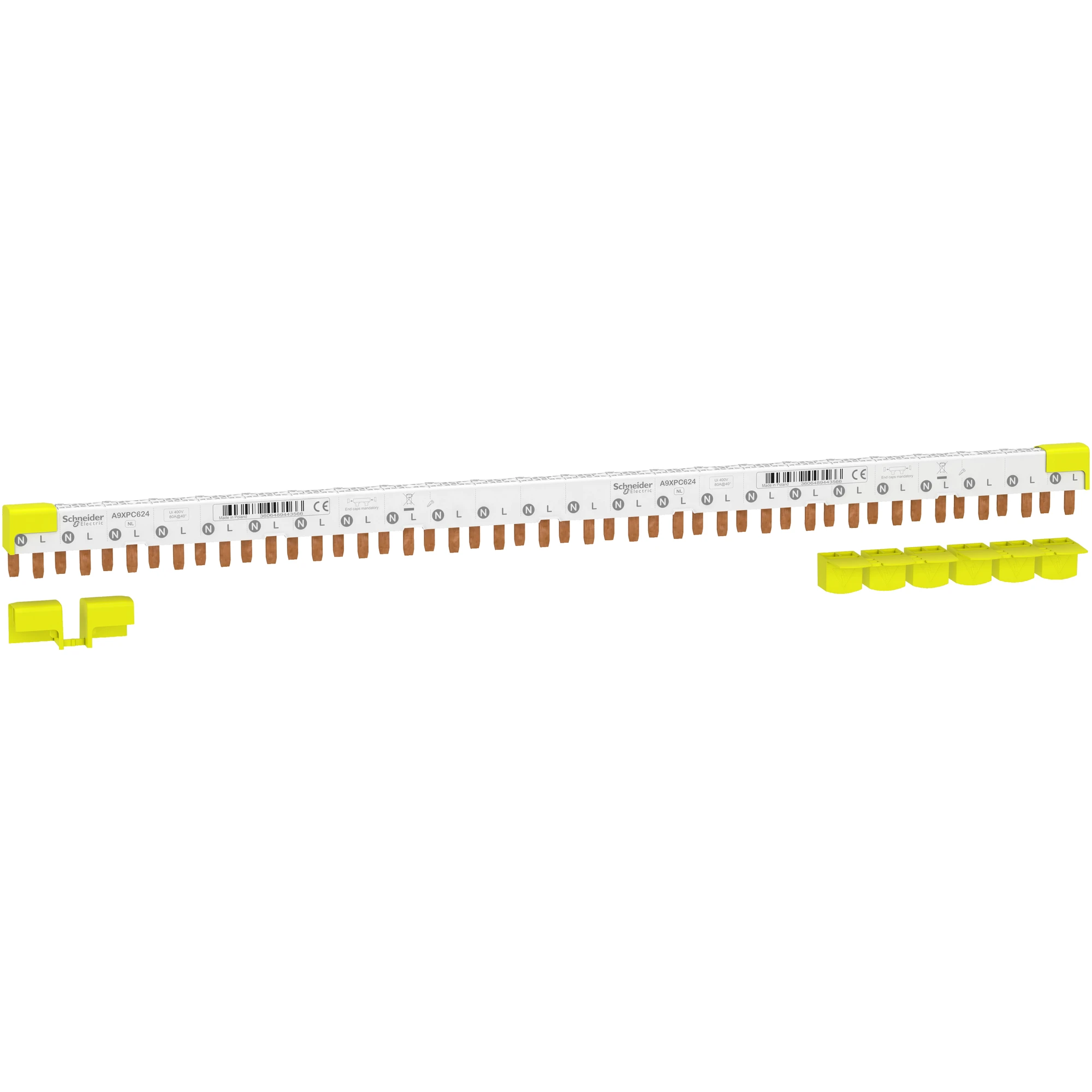 Schneider Electric A9XPC624 Acti9 Phase Bar Pin, 1P+N, 9mm Pin Spacing, 80A, 24 Modules, 4 End Caps (img_001) Schneider Electric A9XPC624 Acti9 Phase Bar Pin, 1P+N, 9mm Pin Spacing, 80A, 24 Modules, 4 End Caps (img_001)
