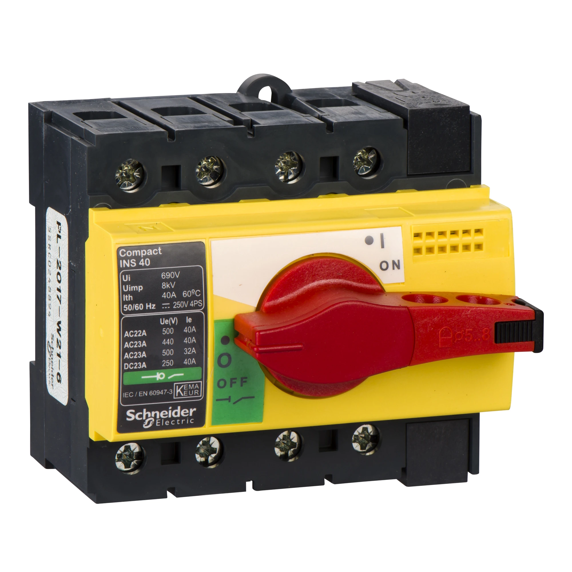 Schneider Electric 28917 Load Break Switch INS40, 4P, 40A/690V AC/250V DC, Rotary Handle Red/Base Yellow (img_001)