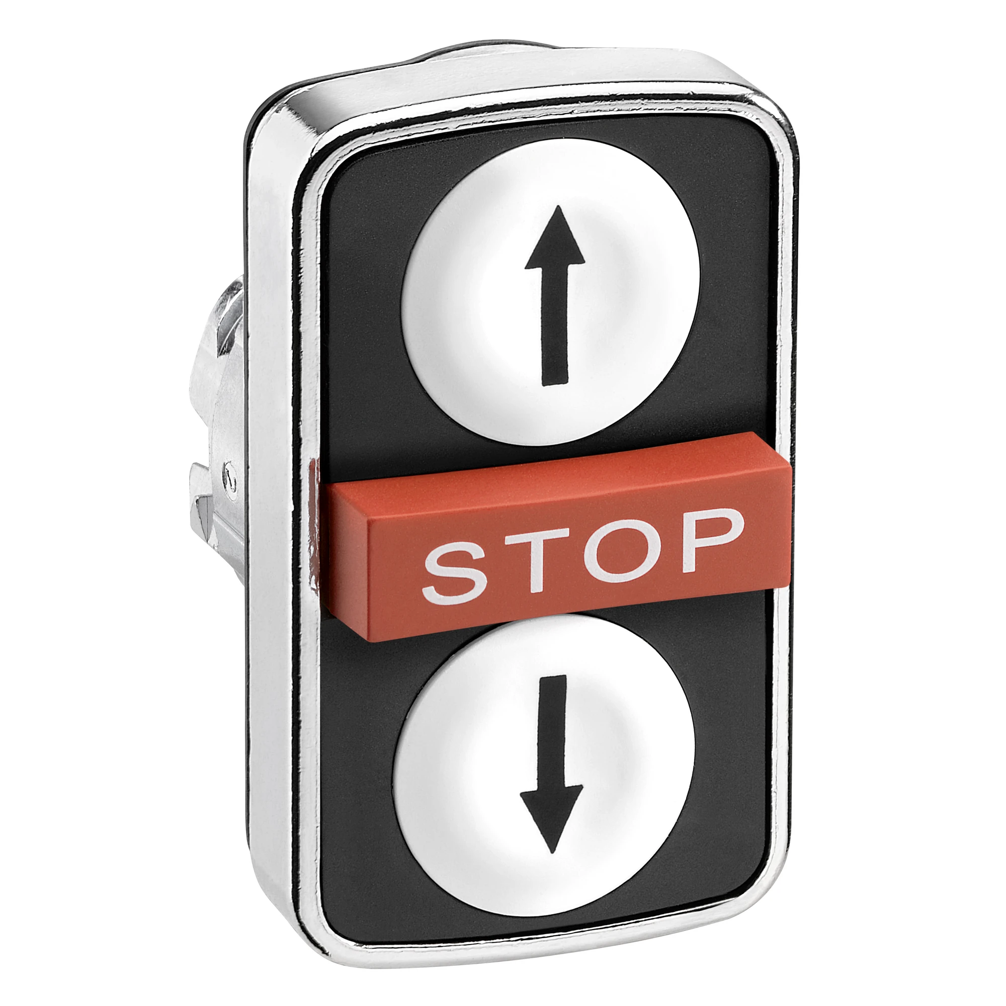 Schneider Electric ZB4BA71114 Triple push-button, front element, Harmony XB4, metal, 22mm, white, red, labeled arrows/STOP, momentary (img_001) Schneider Electric ZB4BA71114 Triple push-button, front element, Harmony XB4, metal, 22mm, white, red, labeled arrows/STOP, momentary (img_001)