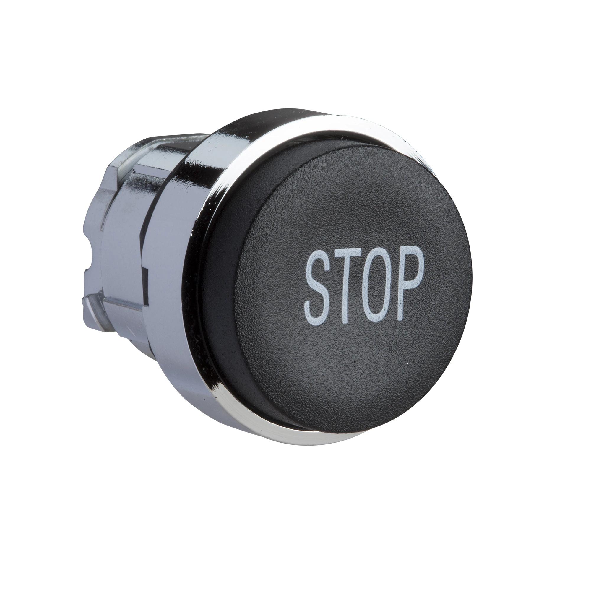 Schneider Electric ZB4BL234 Pushbutton, Front Element, Harmony XB4, Metal, 22mm, Black, Projecting, Labeled STOP, Momentary (img_001)