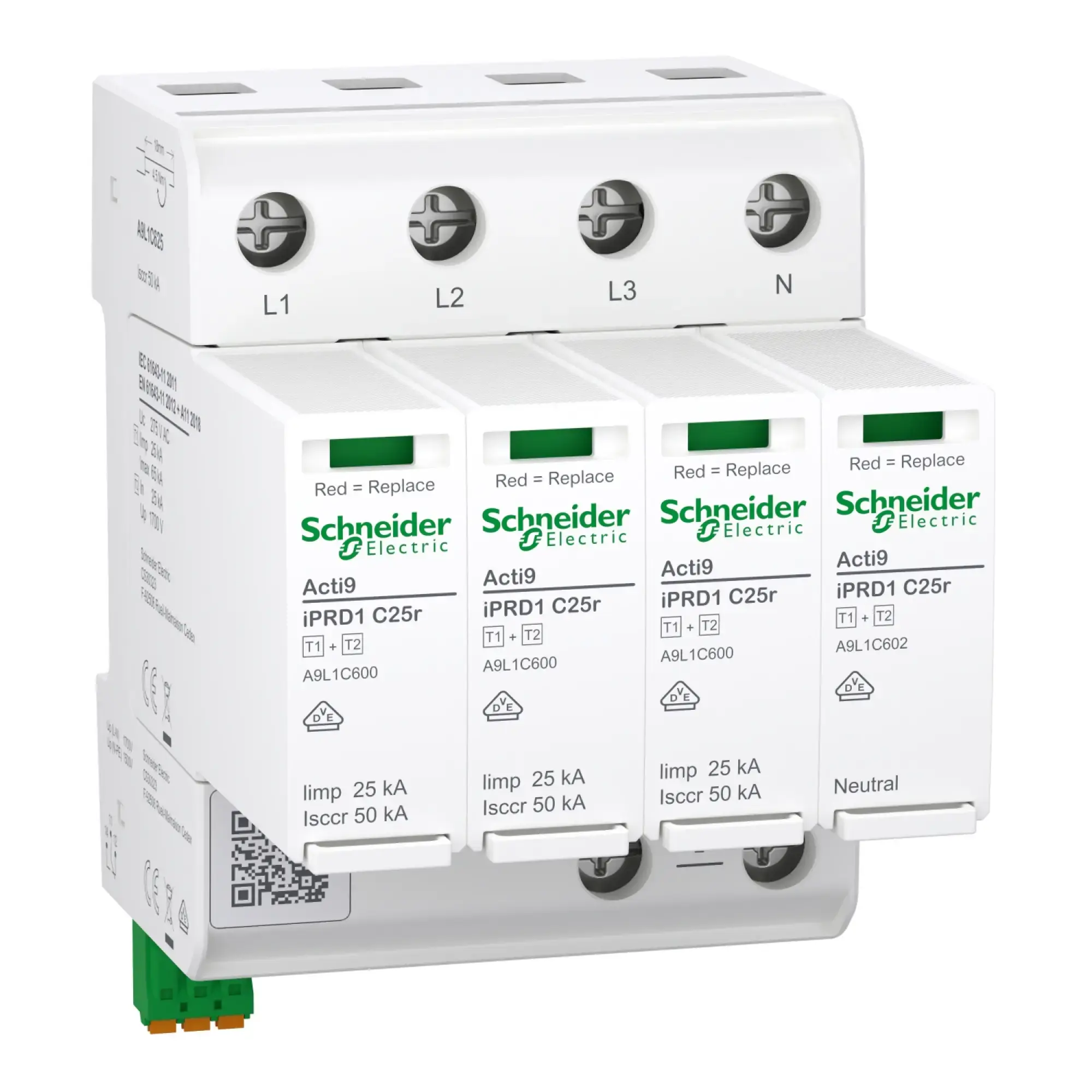 Schneider Electric A9L1C625 Combination arrester, Acti9 iPRD1 C25r, Type 1+2, plug-in protection modules, 3P+N, Iimp 25kA, compact 4TE, FM contact (img_002)