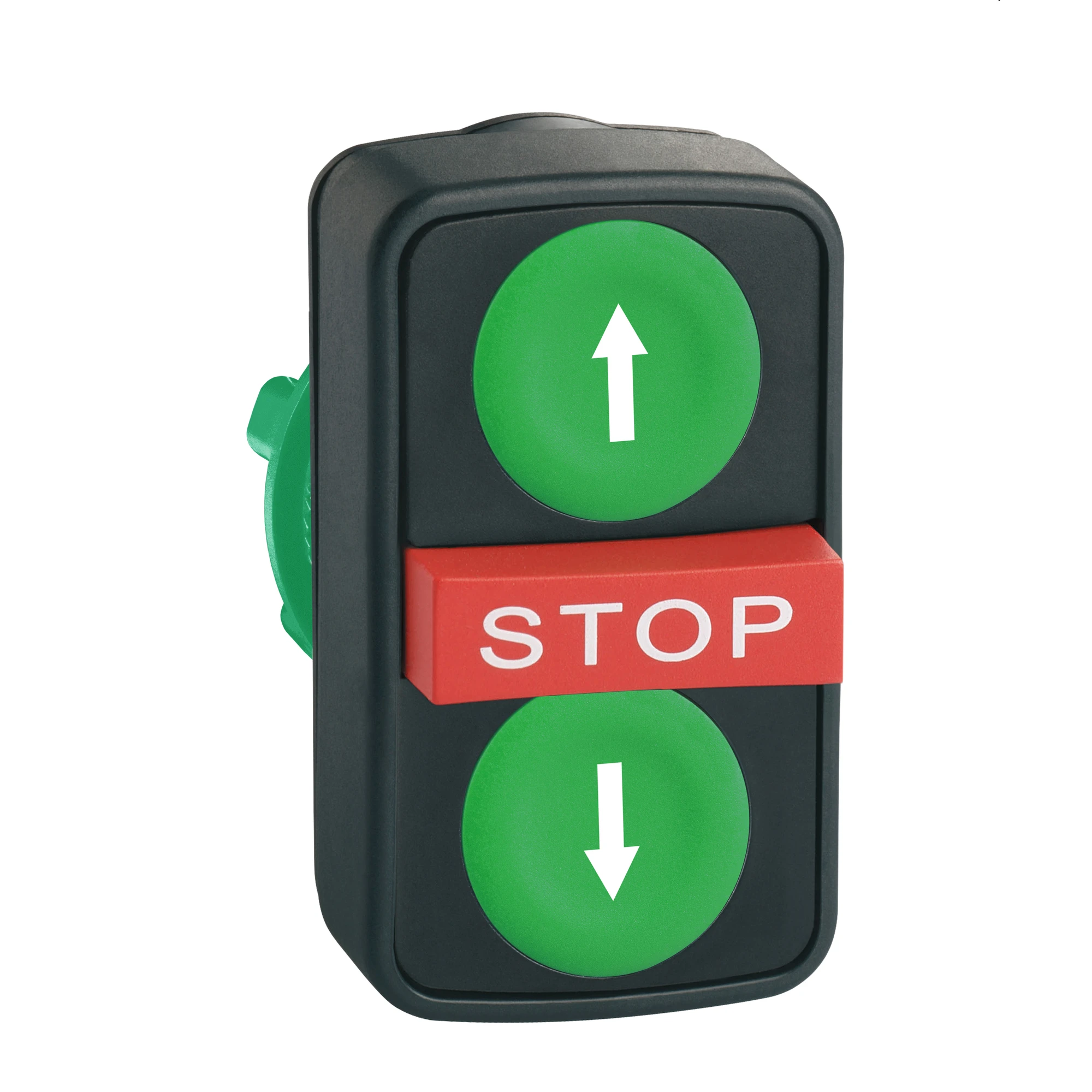 Schneider Electric ZB5AA73134 Triple push button, front element, Harmony XB5, plastic, 22mm, green, red, labeled arrows/STOP, momentary (img_001) Schneider Electric ZB5AA73134 Triple push button, front element, Harmony XB5, plastic, 22mm, green, red, labeled arrows/STOP, momentary (img_001)